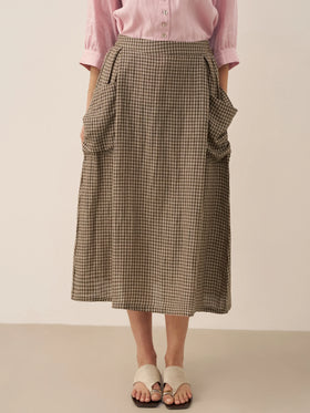 Linen Checked Elastic Waist Skirt MARINA