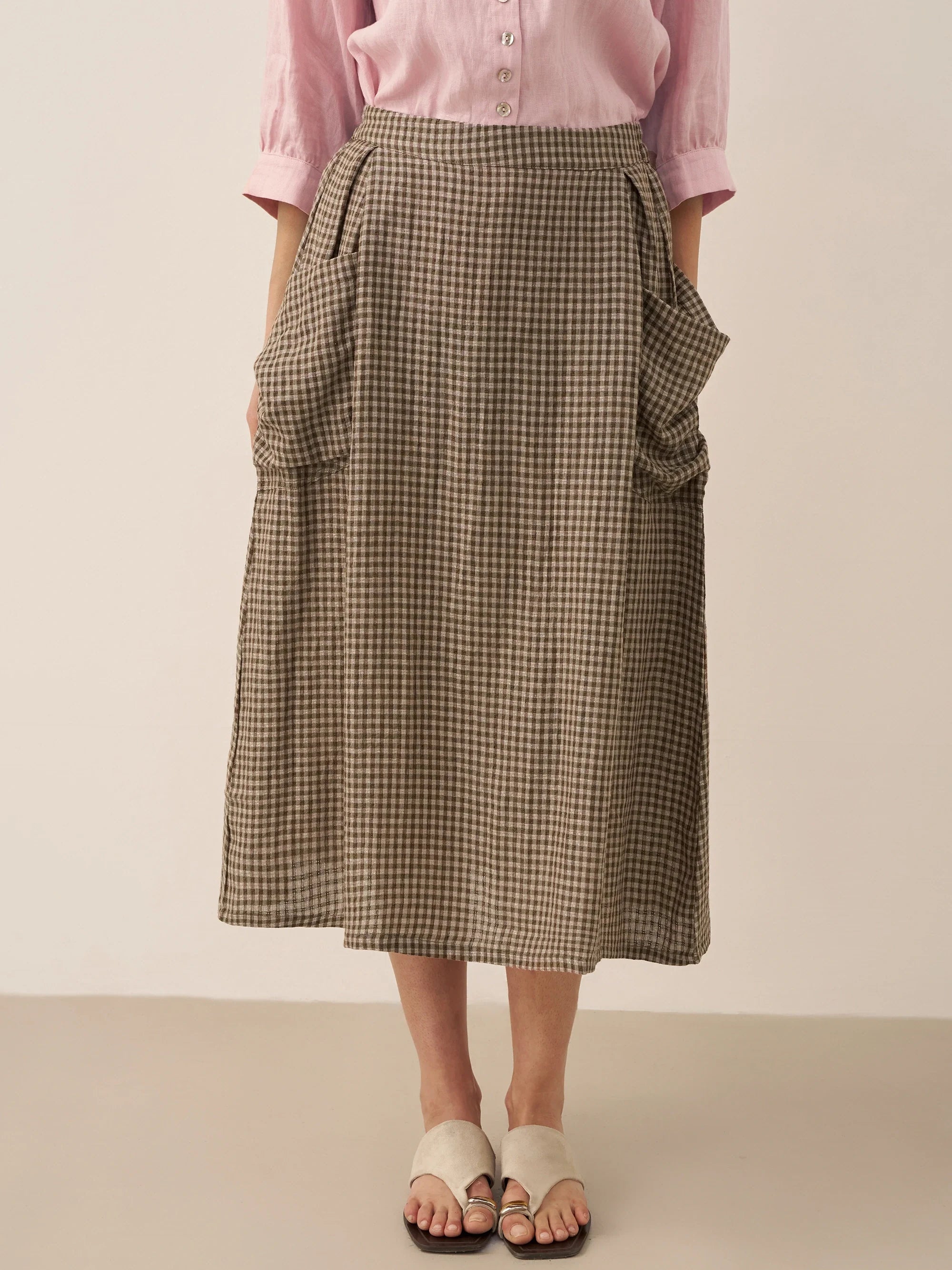 LINTICO Linen Checked Elastic Waist Skirt MARINA — main product shot