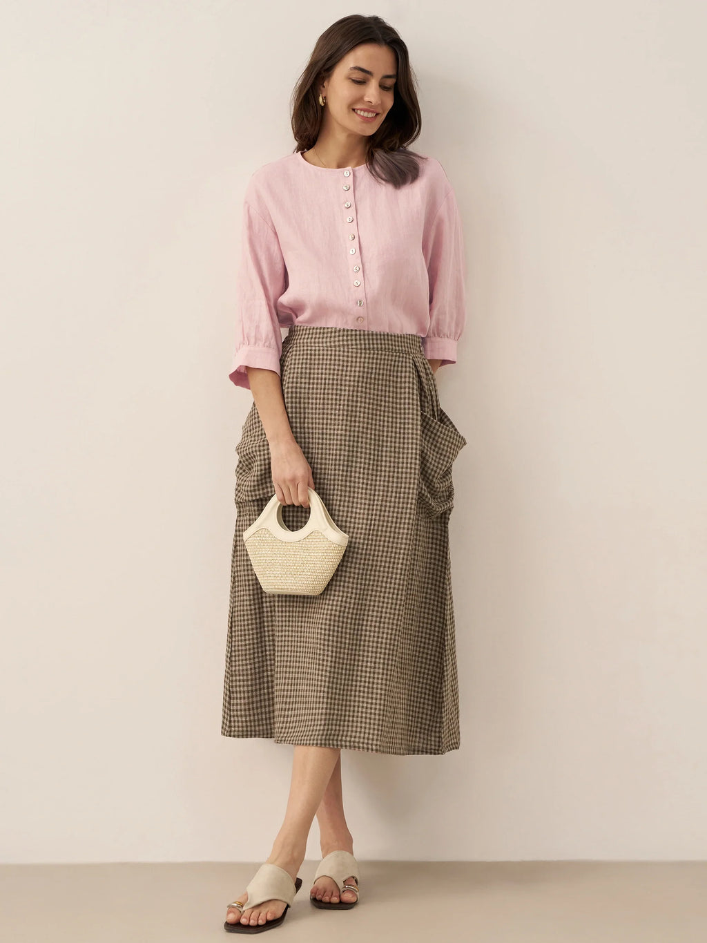 LINTICO Linen Checked Elastic Waist Skirt MARINA — detail shot 6