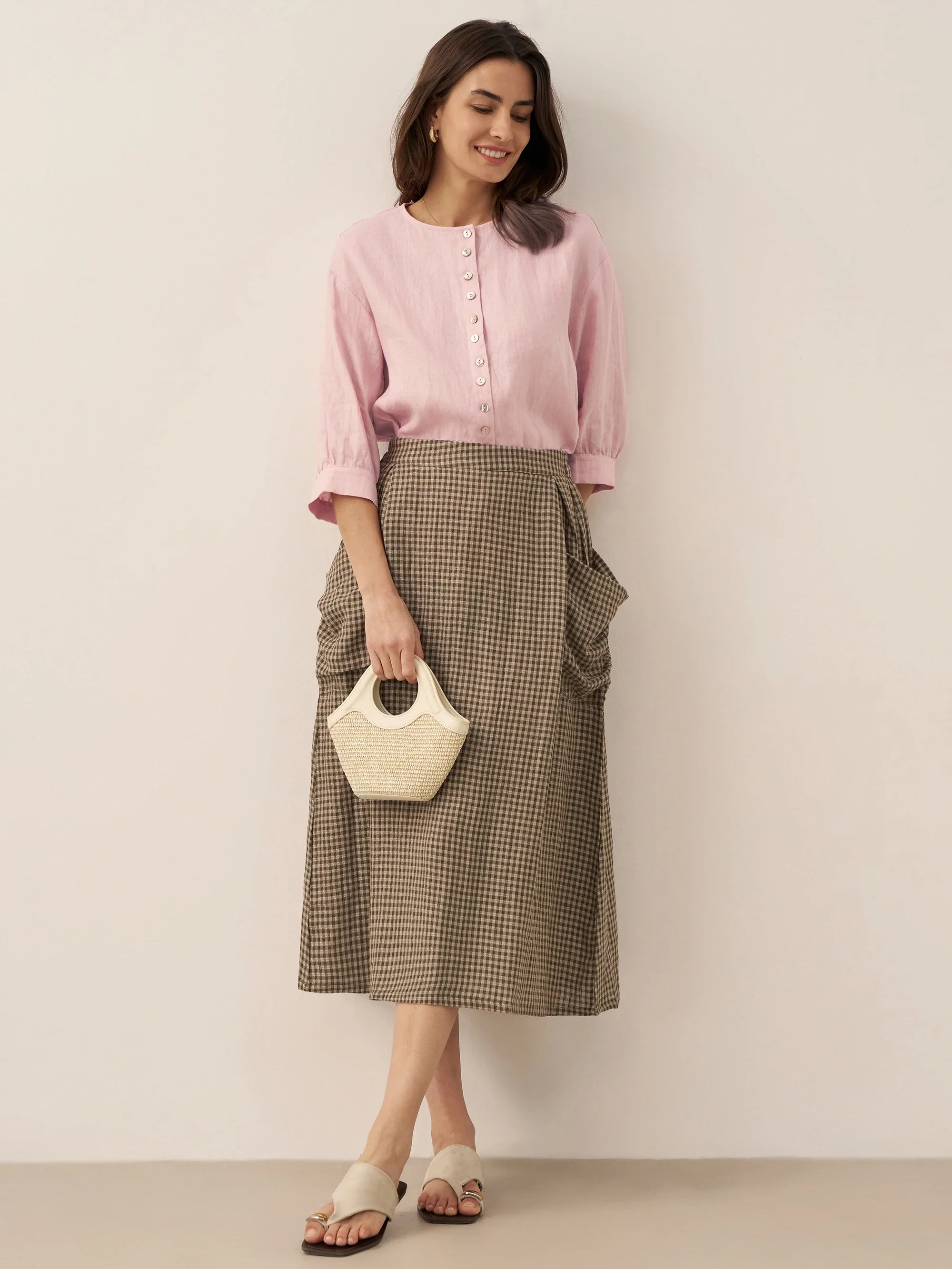 LINTICO Linen Checked Elastic Waist Skirt MARINA — detail shot 6