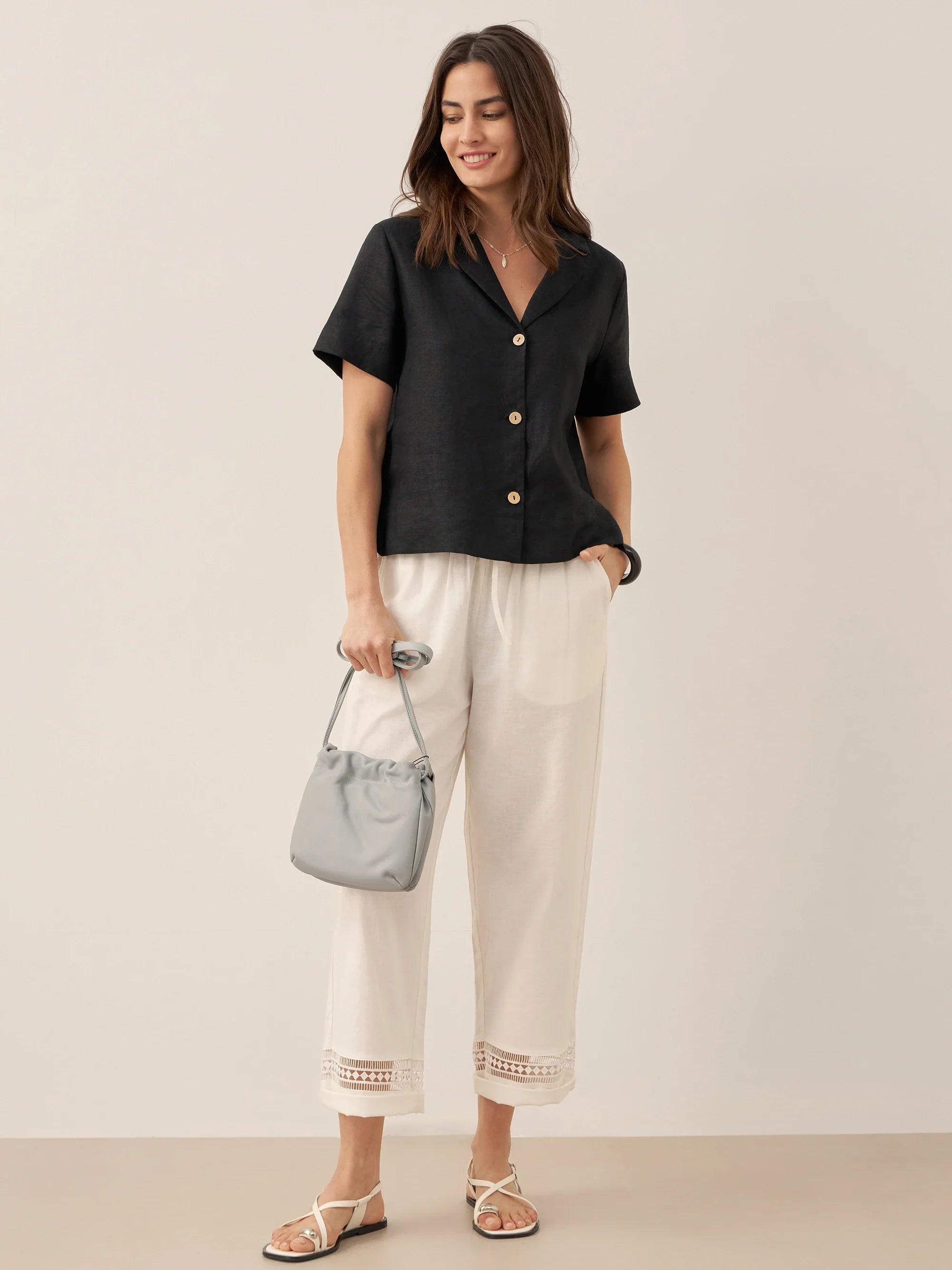 LINTICO 100% Linen Button-Up Short Sleeve Shirt ORENDA — product on model