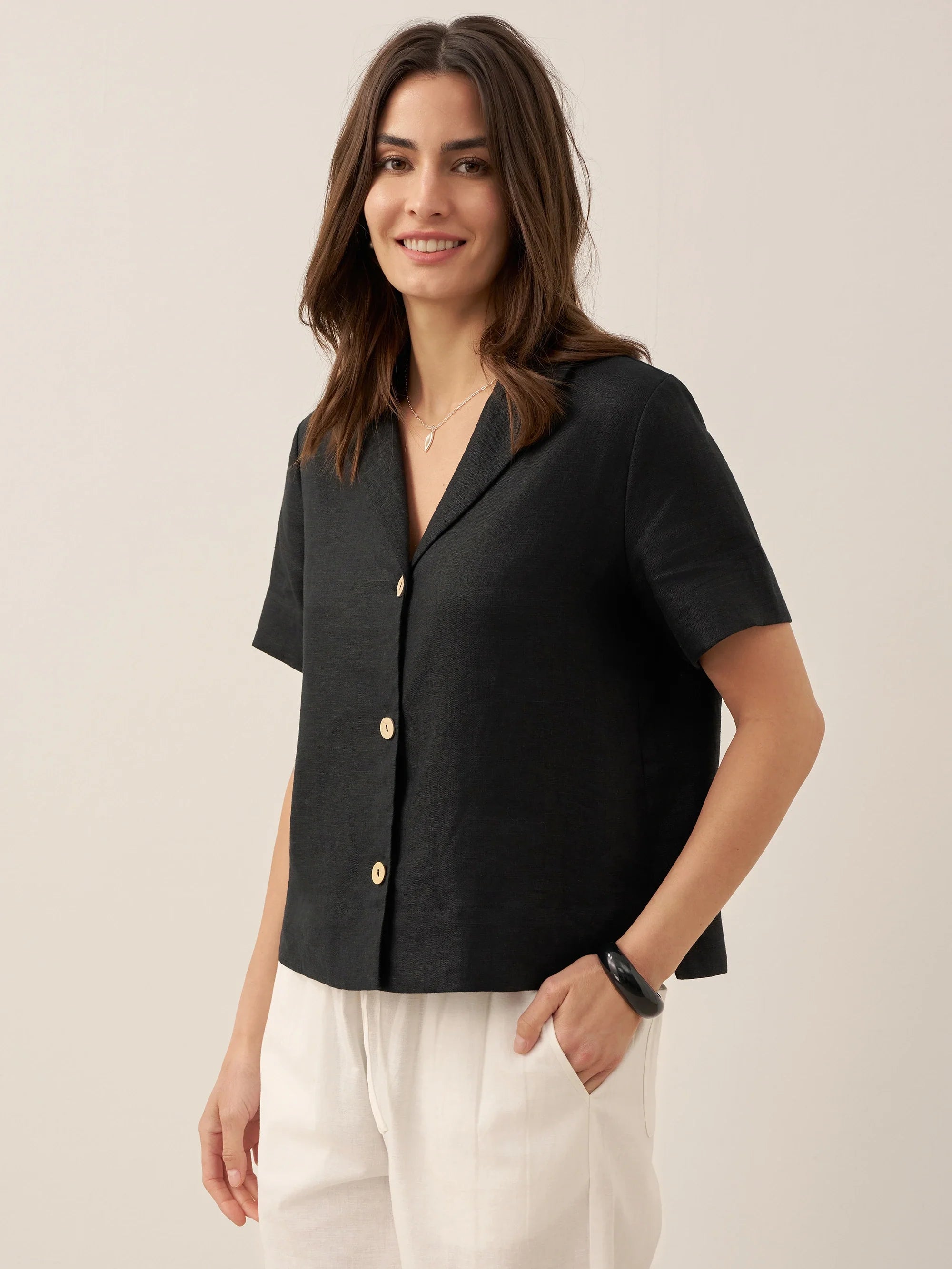 LINTICO 100% Linen Button-Up Short Sleeve Shirt ORENDA — comparison shot