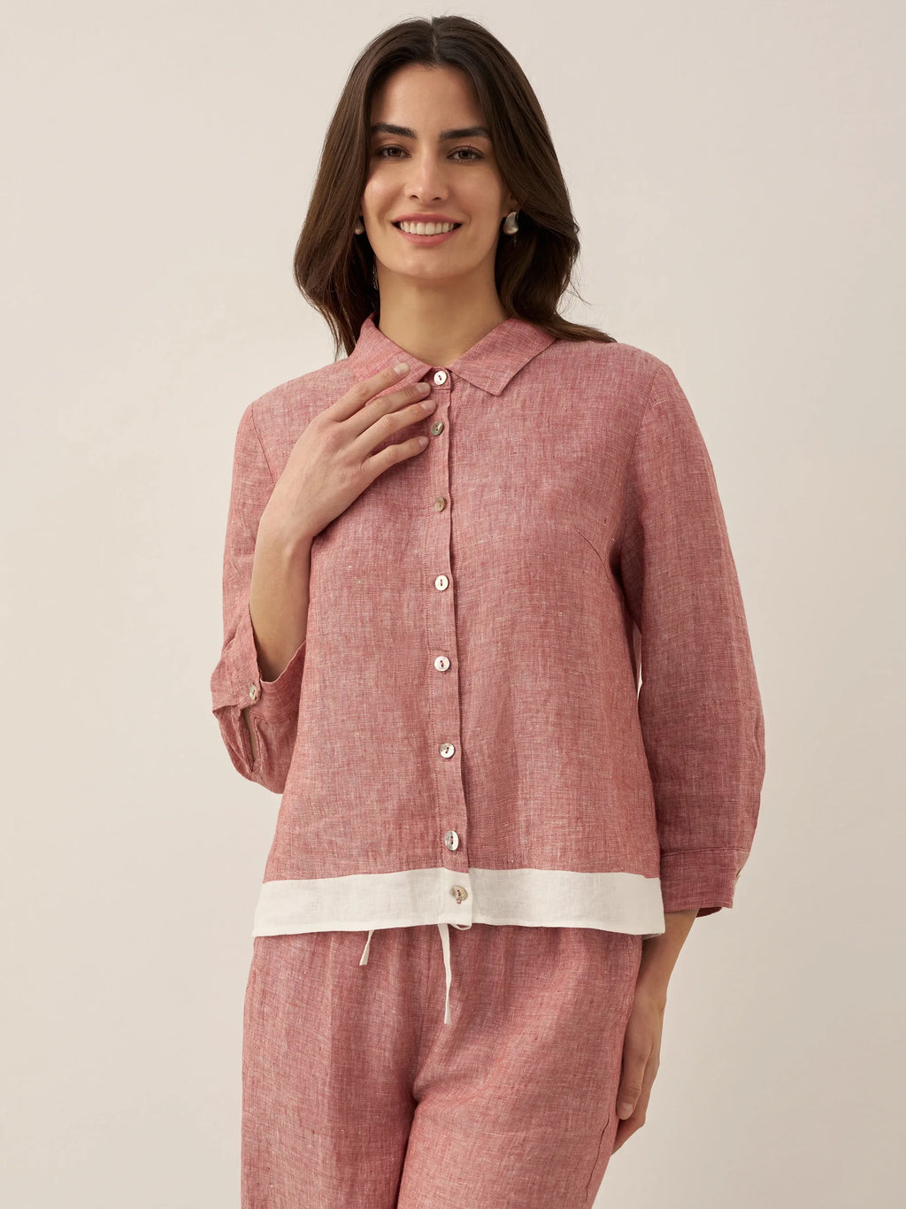 LINTICO 100% Linen Buttoned Closure Color-Blocked Shirt JANICE — product on model