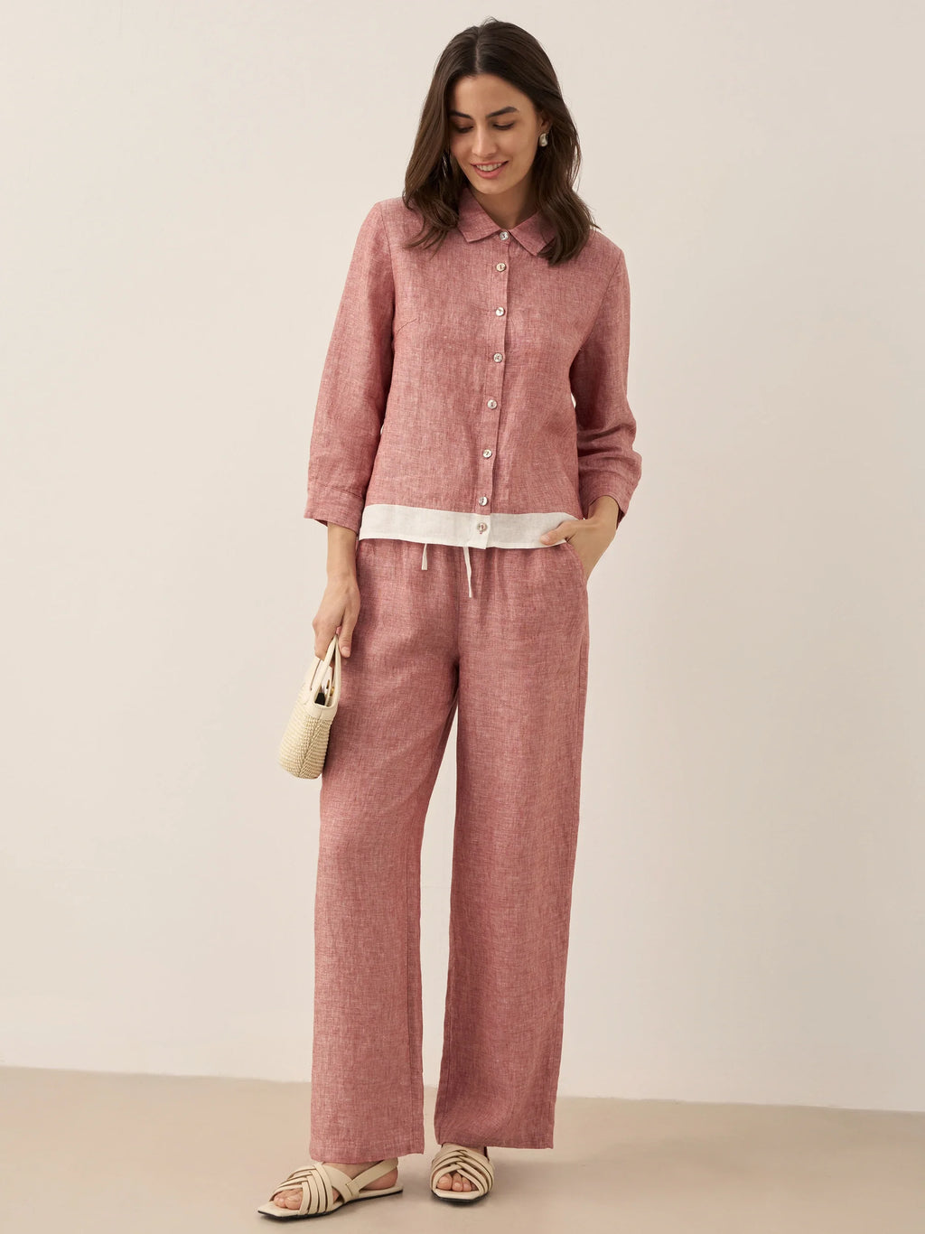 LINTICO 100% Linen Buttoned Closure Color-Blocked Shirt JANICE — main product shot