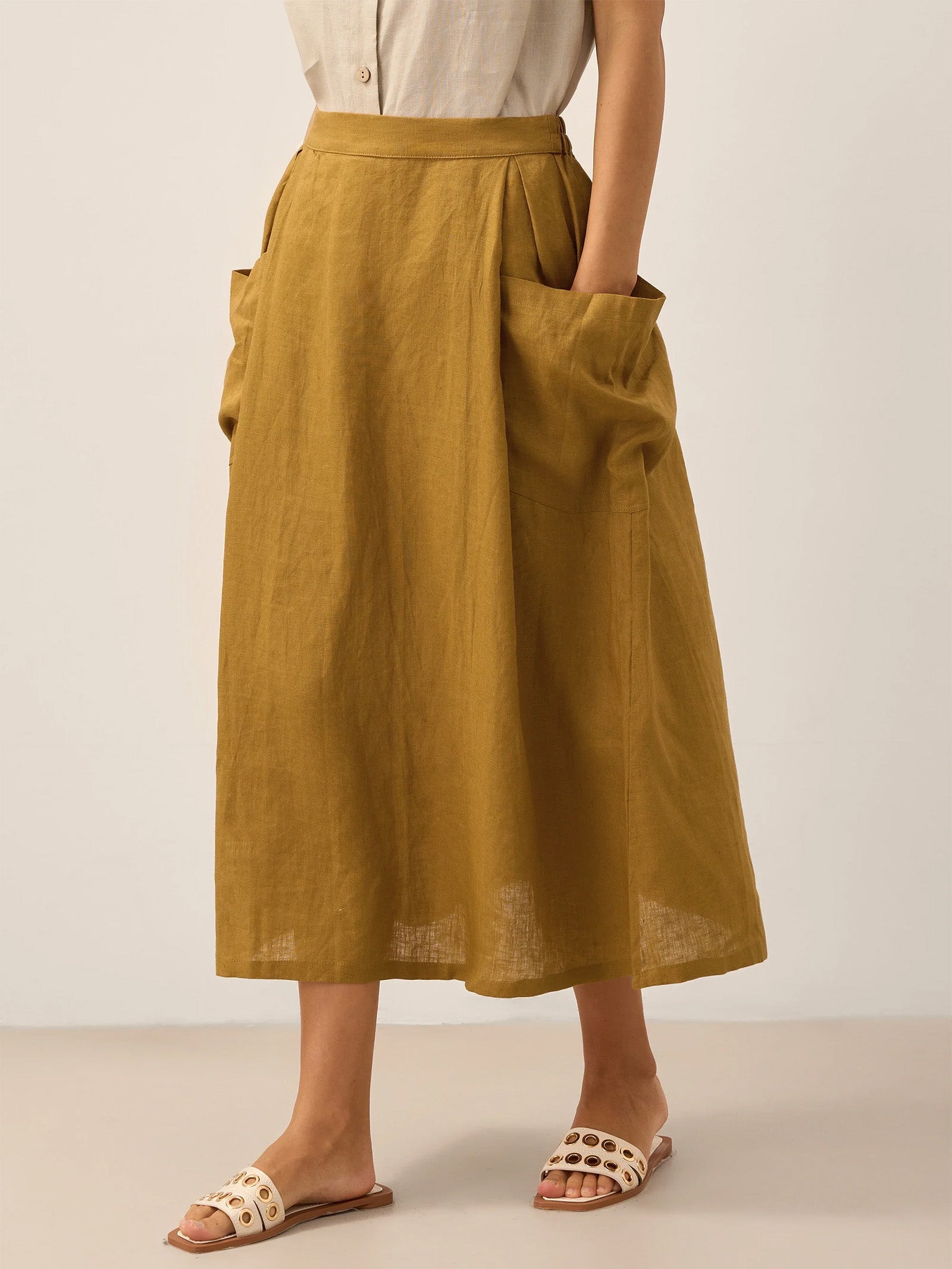 LINTICO 100% Linen Elastic Waist Skirt MARINA — main product shot