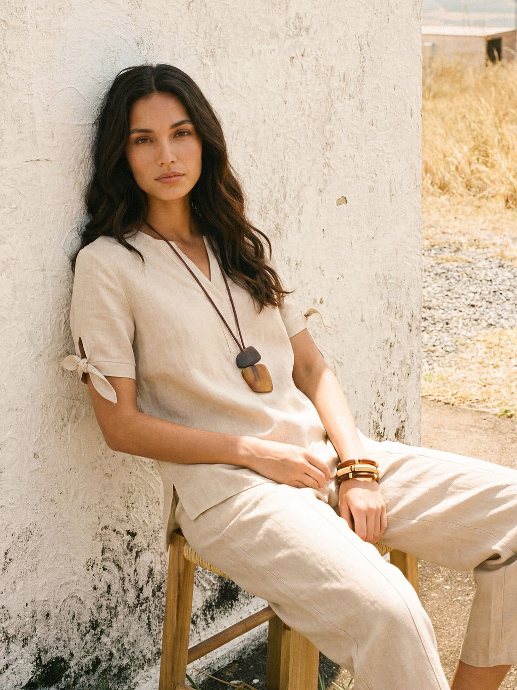 LINTICO 100% Linen Tie Cuff Notched V-Neck Top LORAN — tops-blouses-linen category context