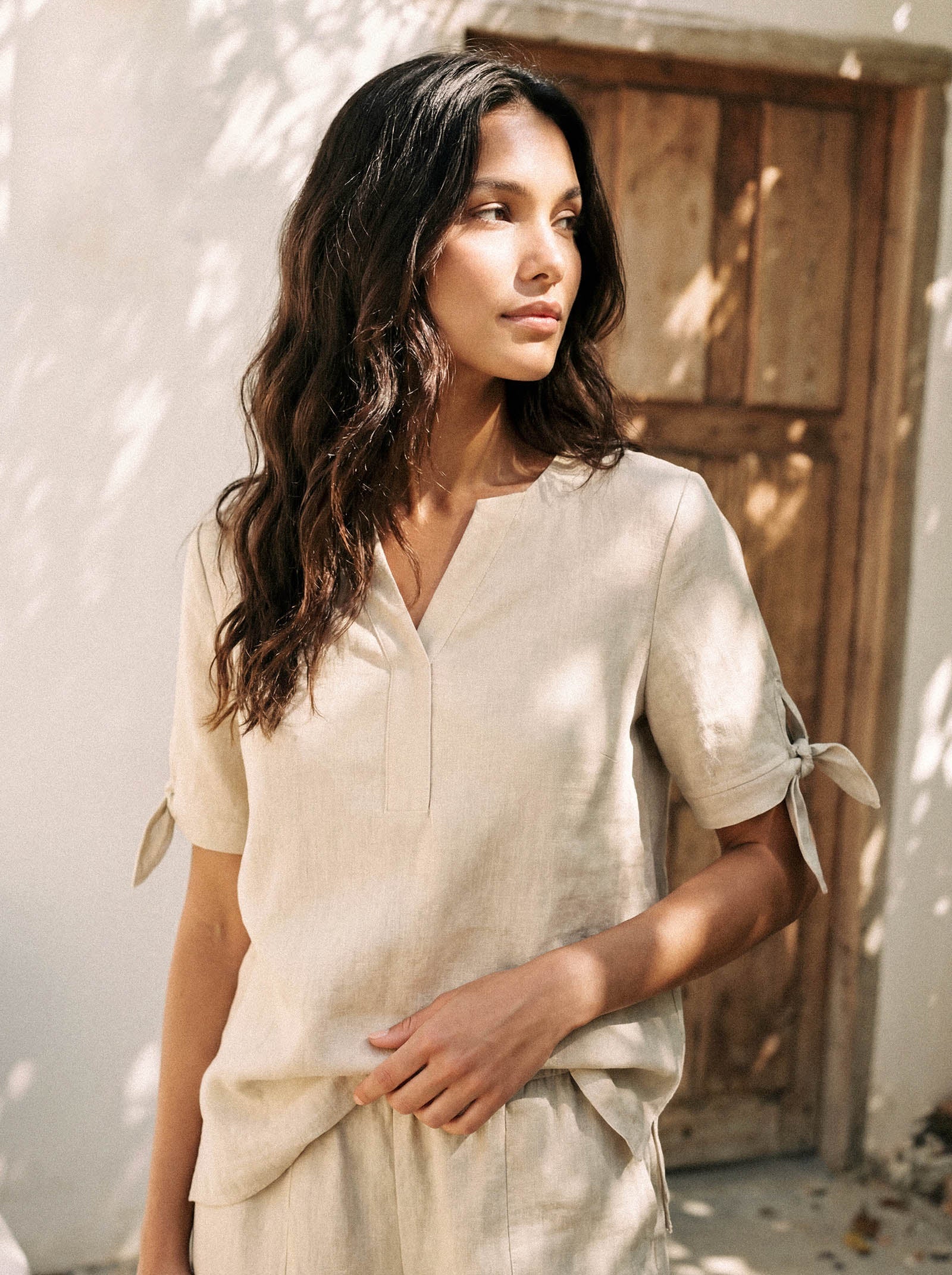 LINTICO 100% Linen Tie Cuff Notched V-Neck Top LORAN — construction detail