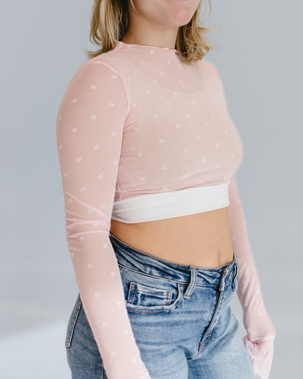 HALFTEE Layering Fashions Heart Mesh Mock Neck Halftee — lifestyle worn / used context