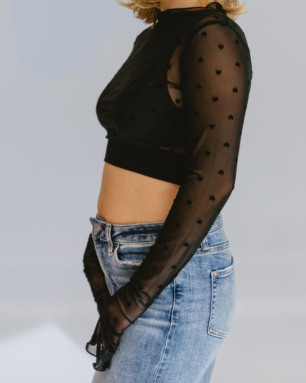 HALFTEE Layering Fashions Heart Mesh Mock Neck Halftee — construction detail