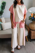 Two-tone Color Block Patchwork Tee Drawstring Loose Pant Set