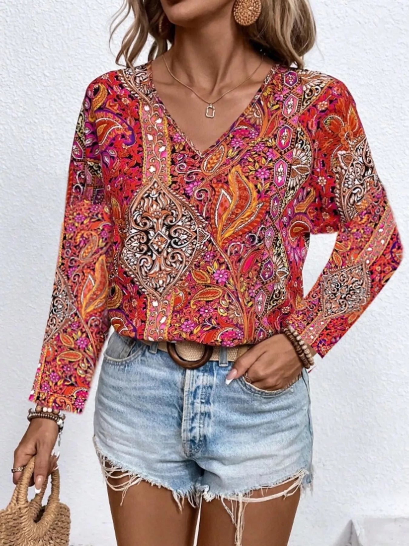 Paisley Print V-Neck Long Sleeve Blouse