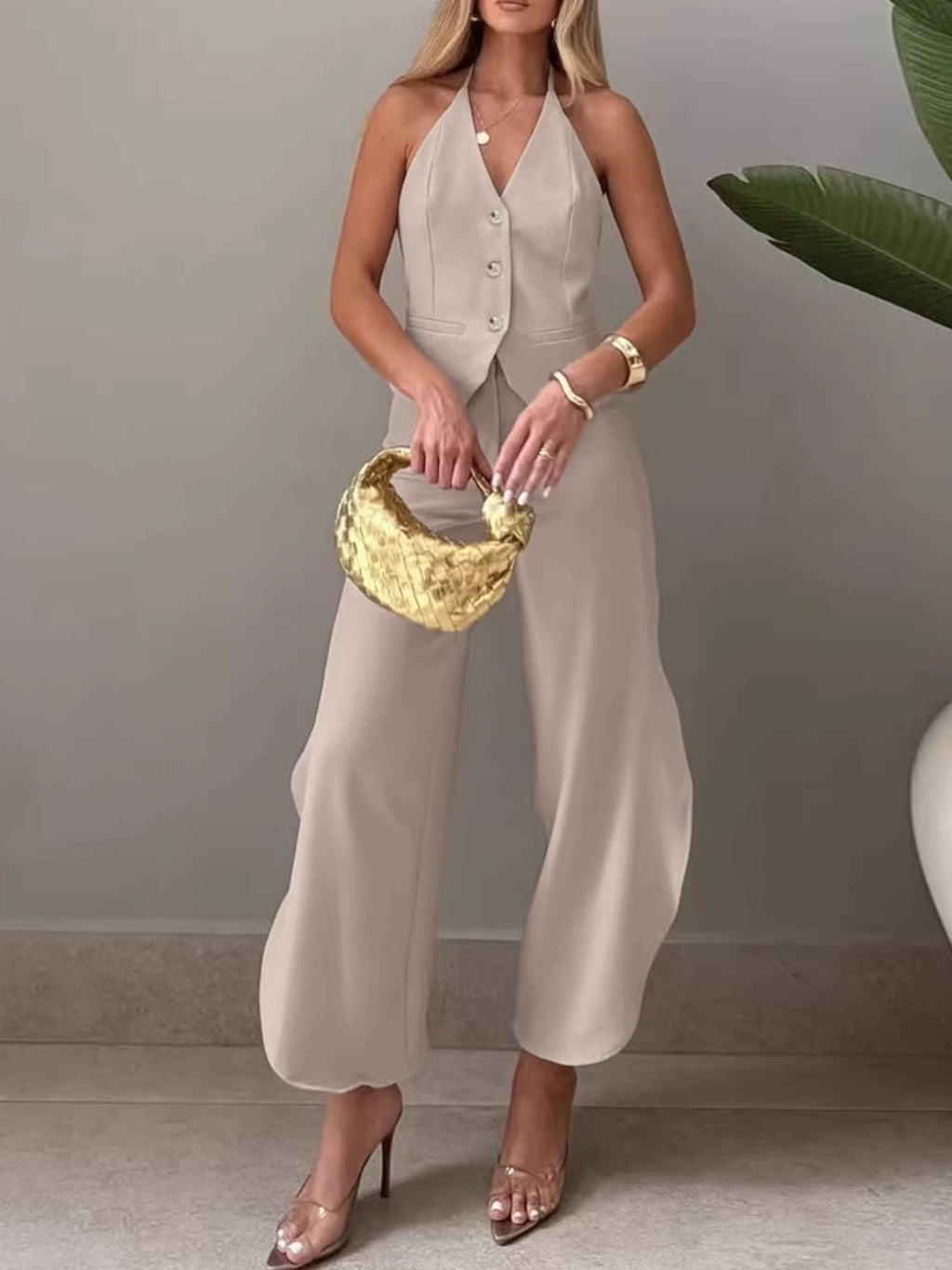 Halter Neck Vest & Wide Leg Pants Set
