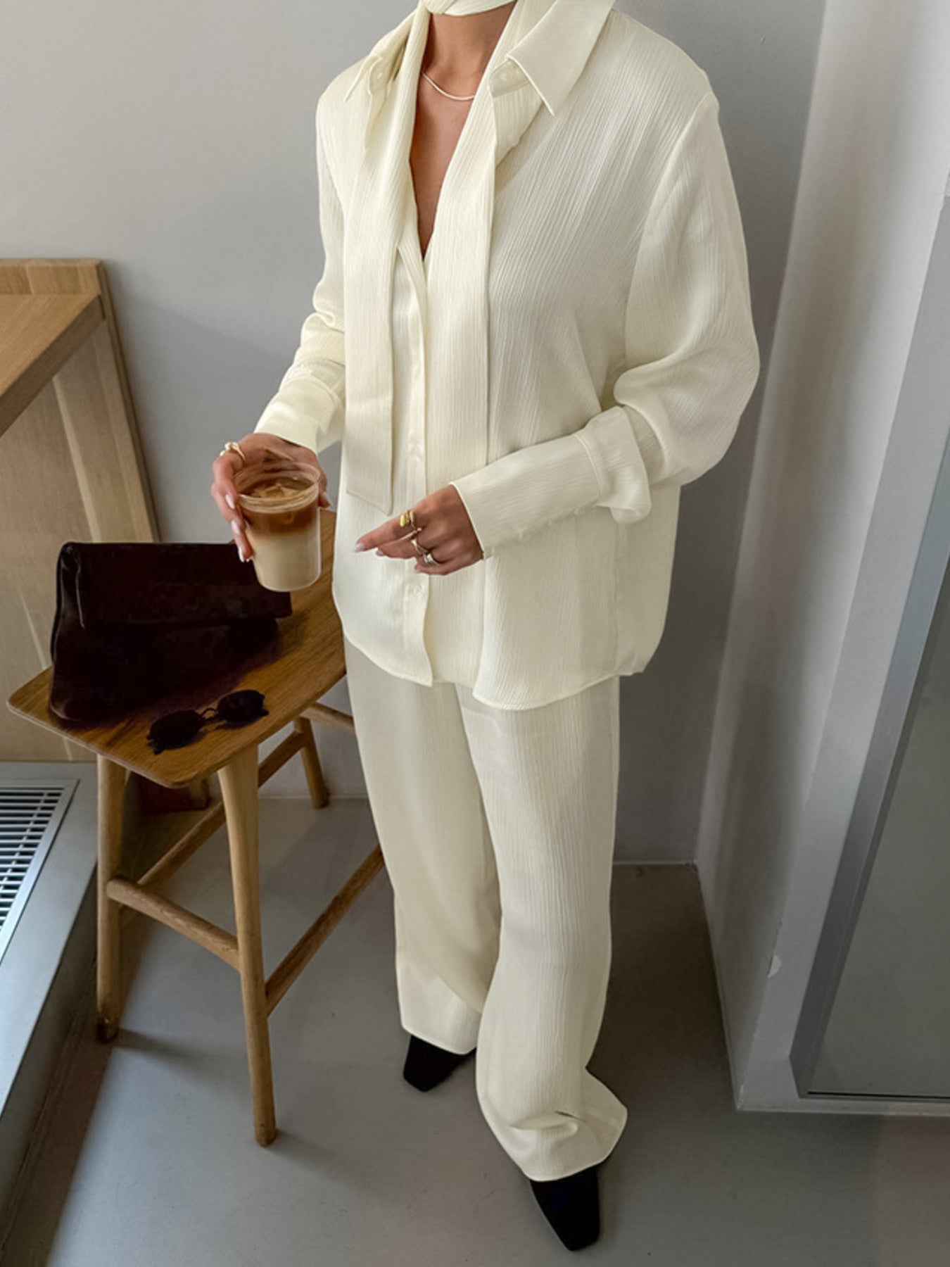Texture Shirt and Wide-Leg Pants Set