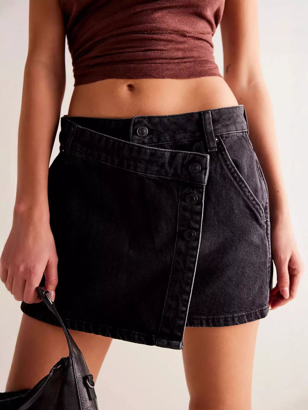 Asymmetrical Button-Front Denim Skirt