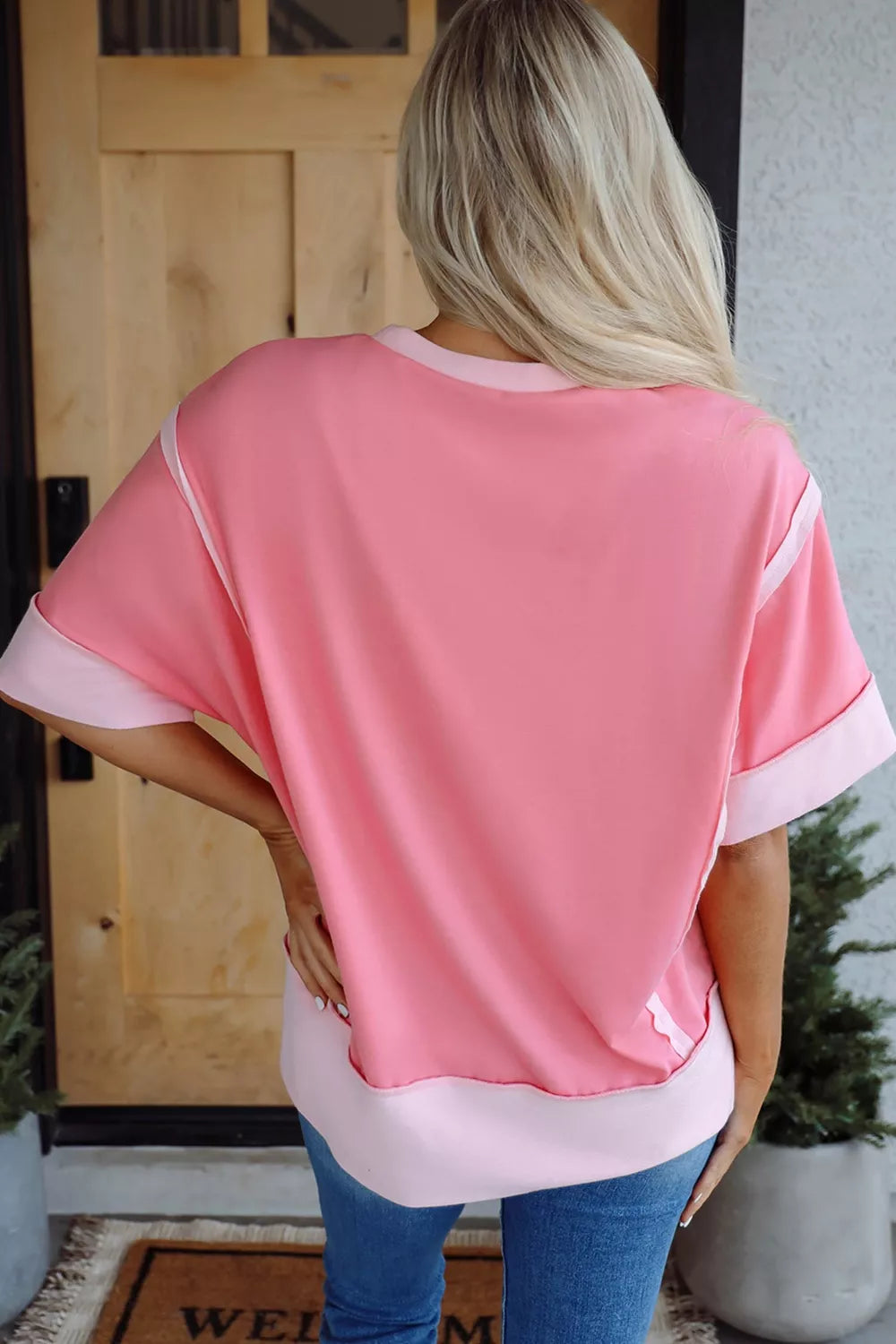 Raw Seam Color Block Sequin Cherry Graphic Casual Shift Top