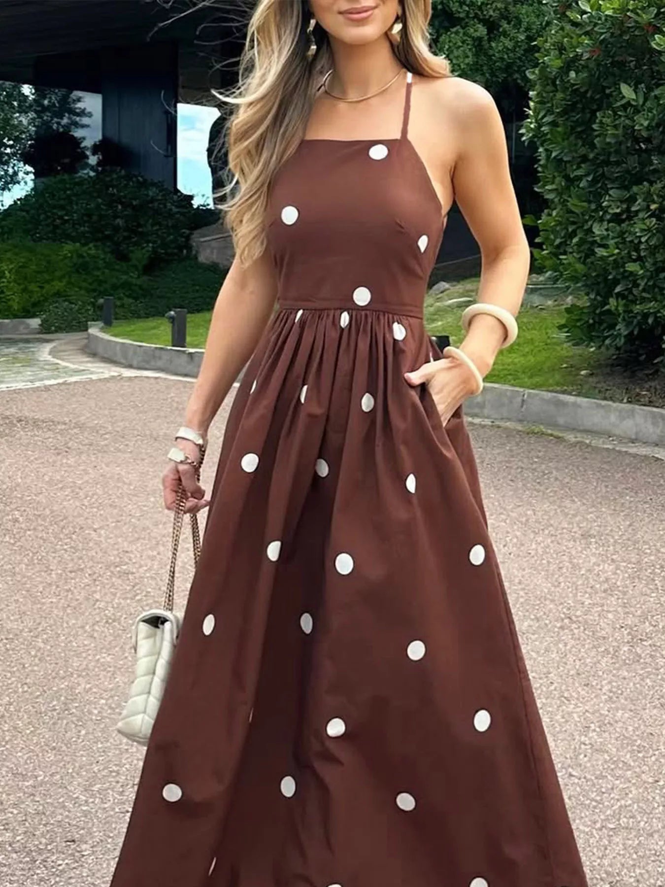 Polka Dot Maxi Dress with Spaghetti Straps