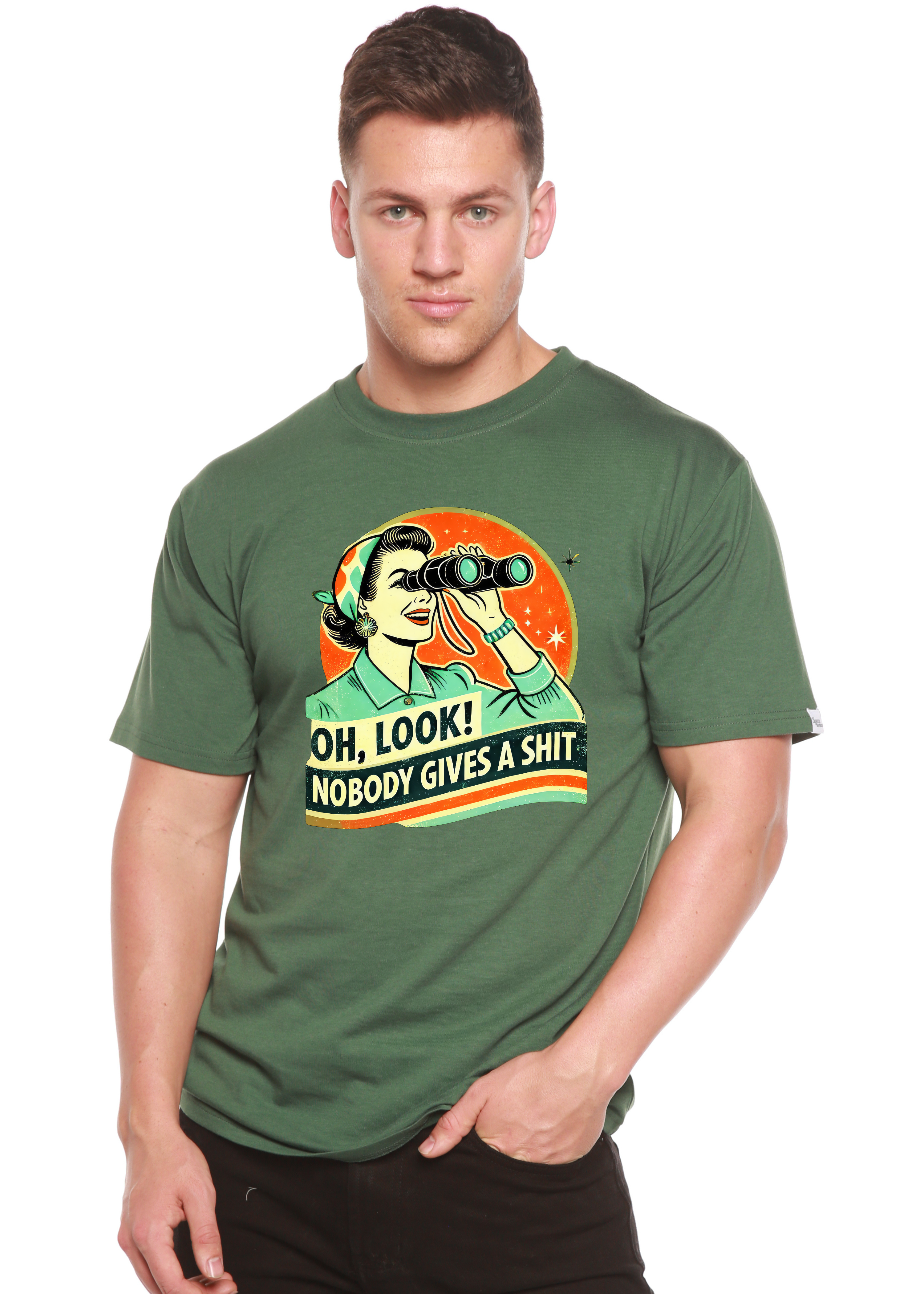 Spun Bamboo Funny Retro Woman Unisex Bamboo/Cotton Graphic T-Shirt — flat-lay composition