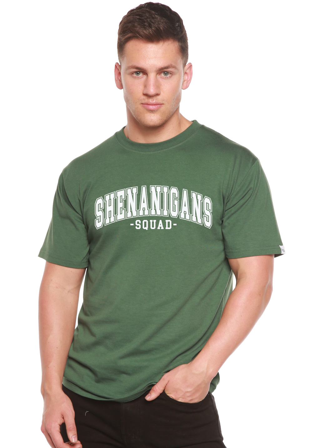 Spun Bamboo Shenanigans Squad Unisex Bamboo/Cotton Graphic T-Shirt — product on model