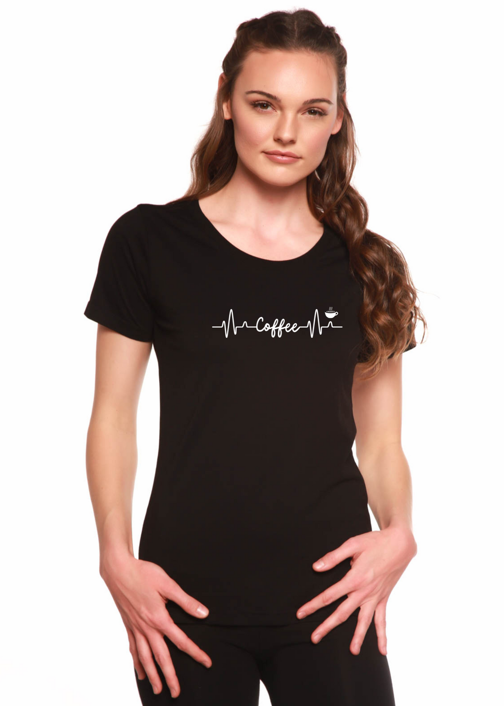 Spun Bamboo Heartbeat Coffee Printed Women's Bamboo/Cotton Short Sleeve Scoop Neck T-Shirt — lifestyle context