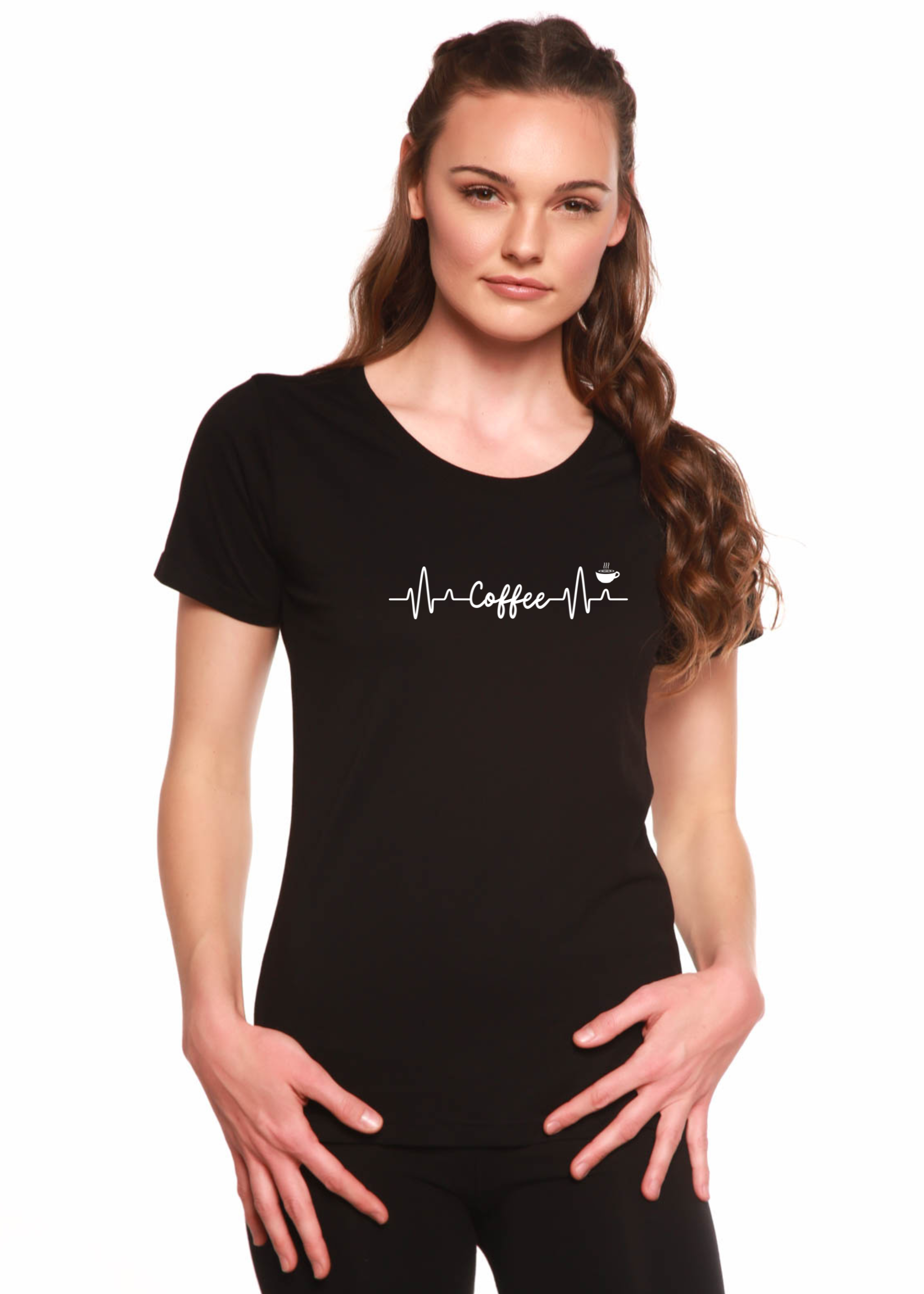 Spun Bamboo Heartbeat Coffee Printed Women's Bamboo/Cotton Short Sleeve Scoop Neck T-Shirt — lifestyle context