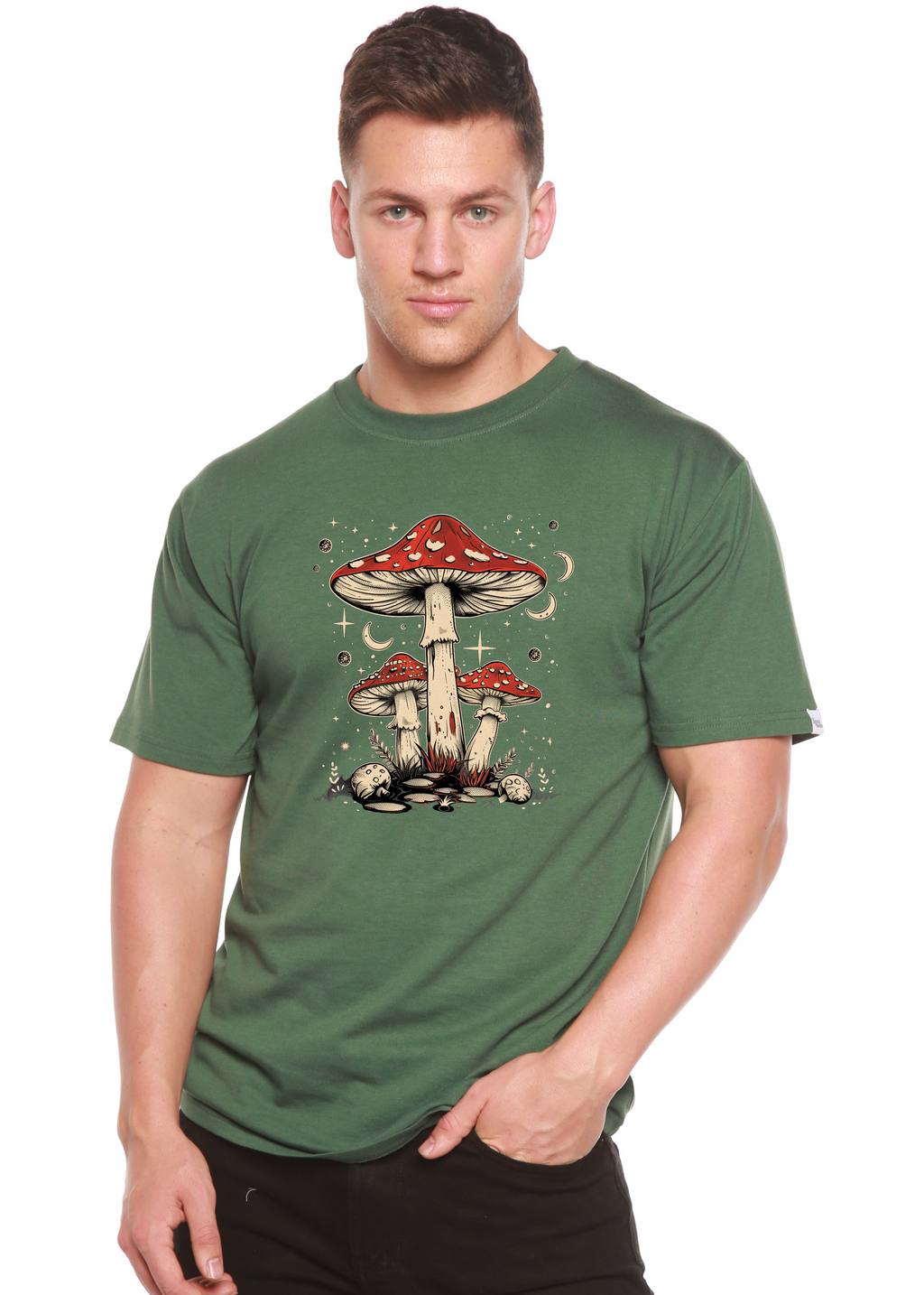 Spun Bamboo Boho Retro Hippie Mushrooms Natural Unisex Bamboo/Cotton Graphic T-Shirt — product on model