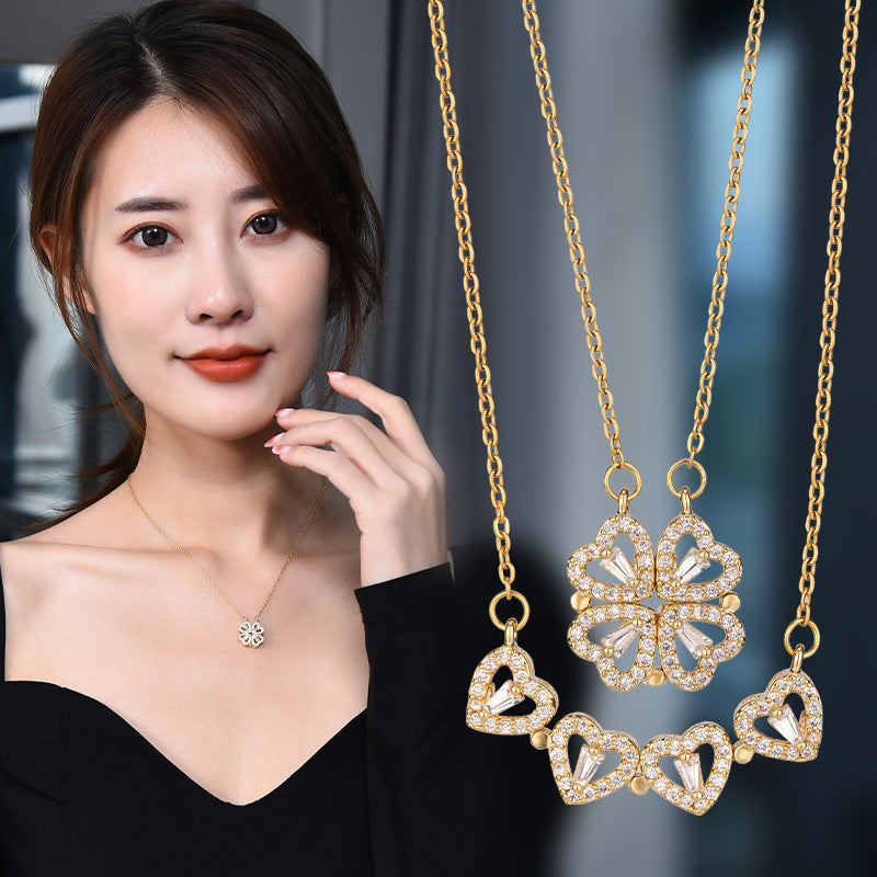 SORI STYLE Four-Leaf Clover Hearts Necklace — lifestyle context