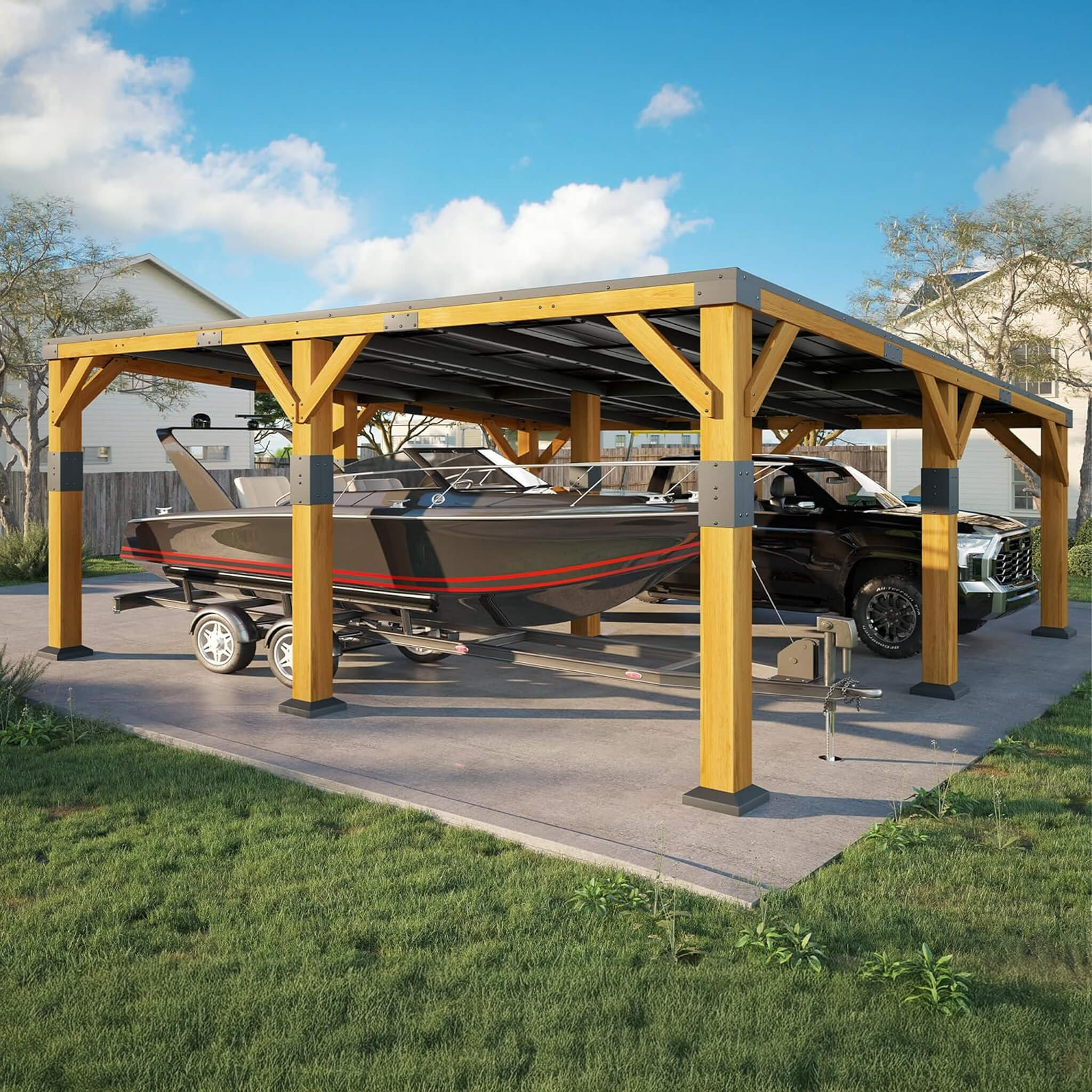 [20X20FT] Alora Heavy-Duty All-Weather Outdoor Cedar Wood Carport With Galvanized Steel Roof (SAK76145) – SAKSBY WHOLESALE