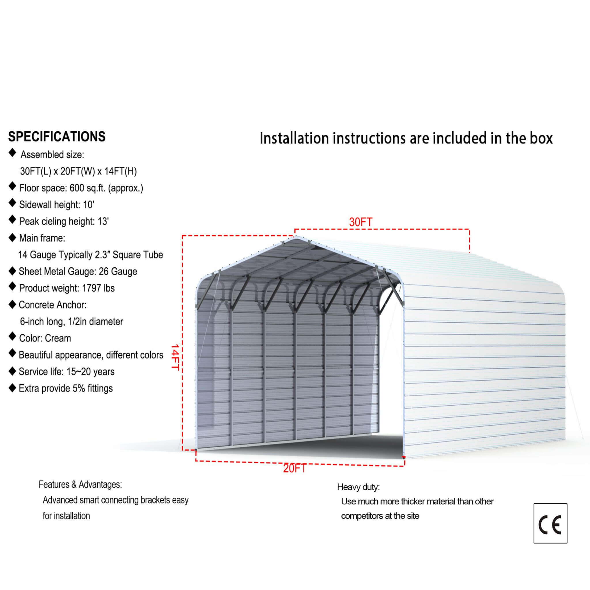 [20X30FT] Alora Heavy-Duty Outdoor Galvanized Steel Carport (SAK21596) – SAKSBY WHOLESALE, view 8