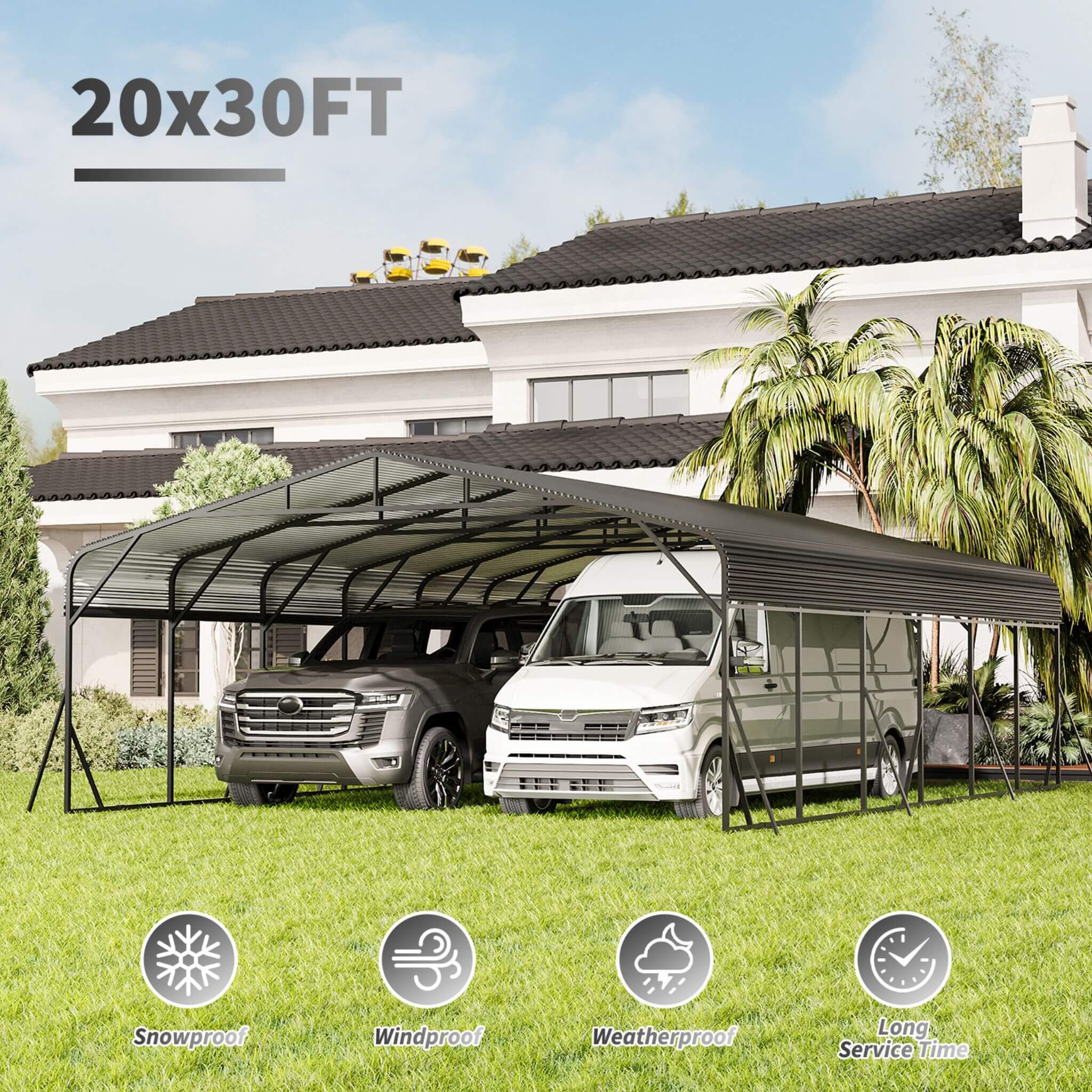 [20X30FT] Alora Heavy-Duty Wind-Resistant Steel Roof Carport With Triangular Frame (SAK94812) – SAKSBY WHOLESALE, view 3