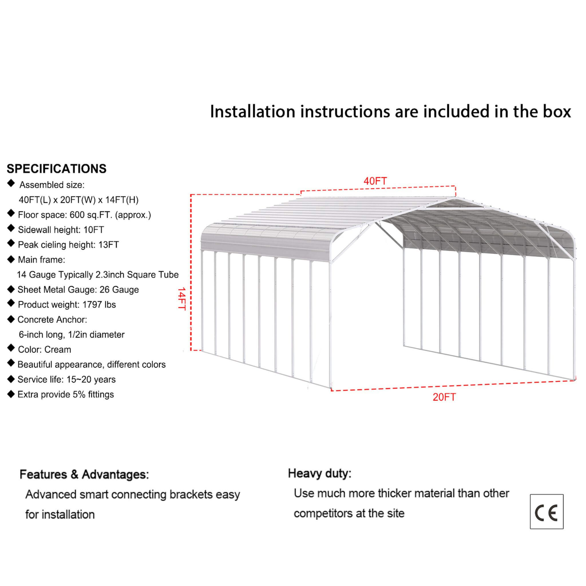 [20X40FT] Alora Heavy-Duty Outdoor High-Clearance Metal Carport (SAK67509) – SAKSBY WHOLESALE, view 7