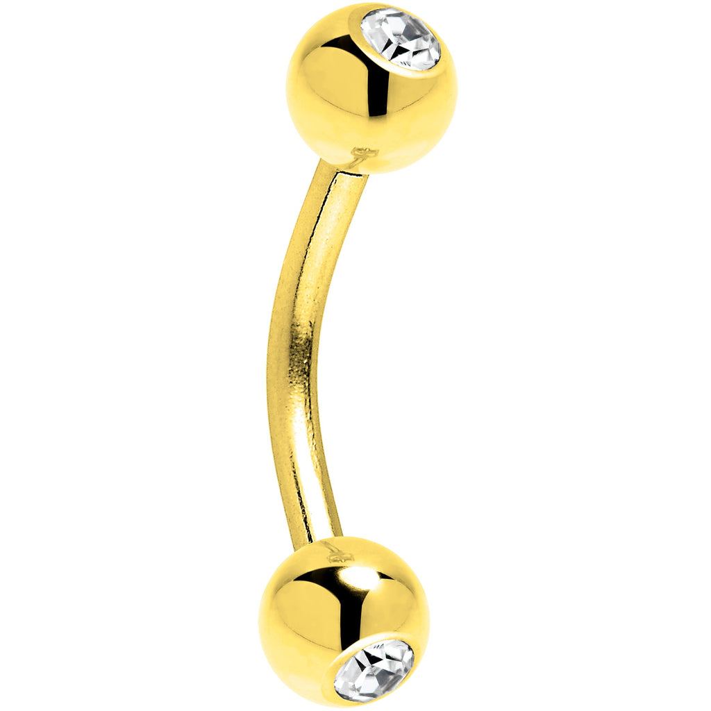BodyCandy Solid 14k Yellow GOLD Cubic Zirconia Eyebrow Ring 16G 5/16 3mm — detail close-up