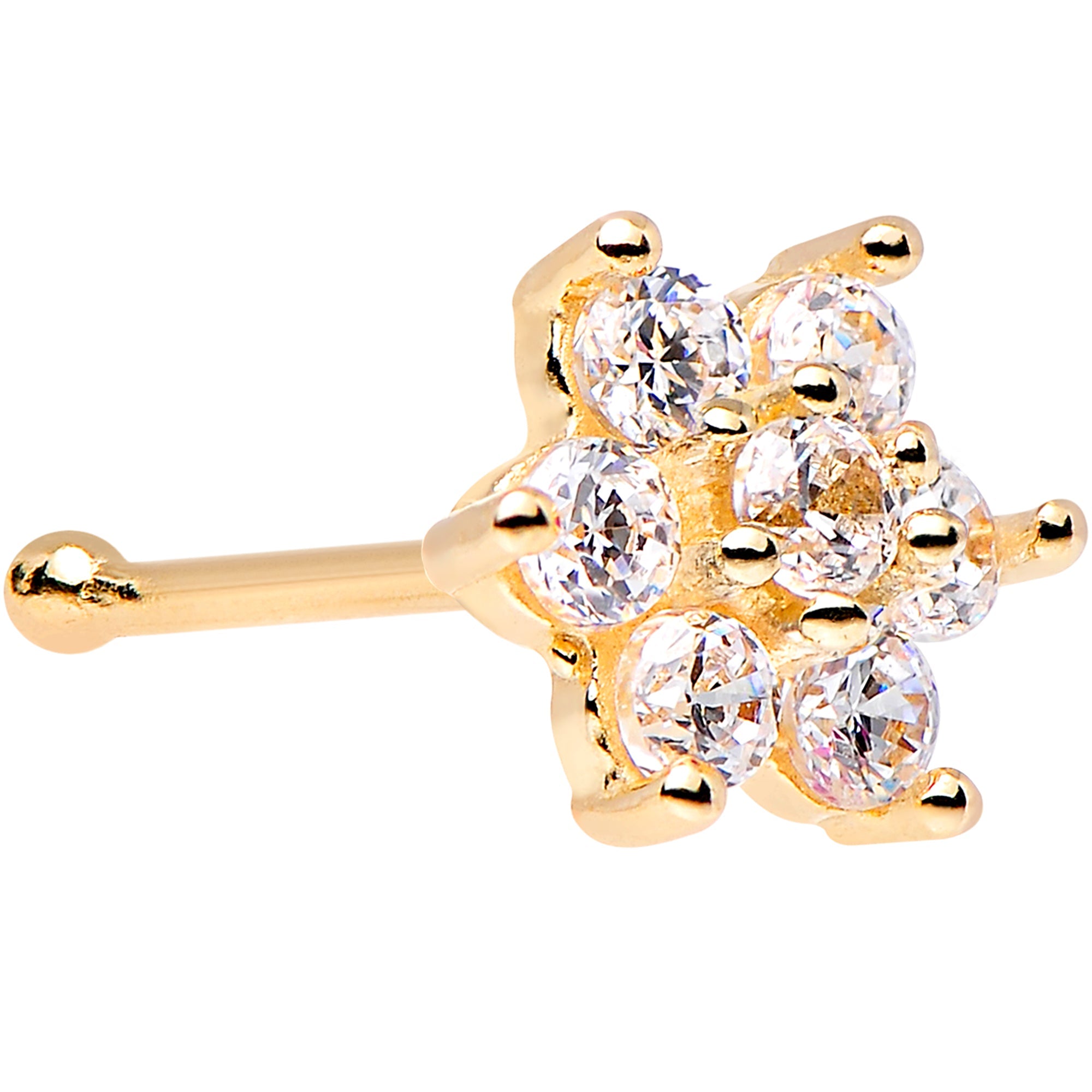 BodyCandy Solid 14k Yellow Gold Clear Cubic Zirconia Flower Nose Stud — detail close-up