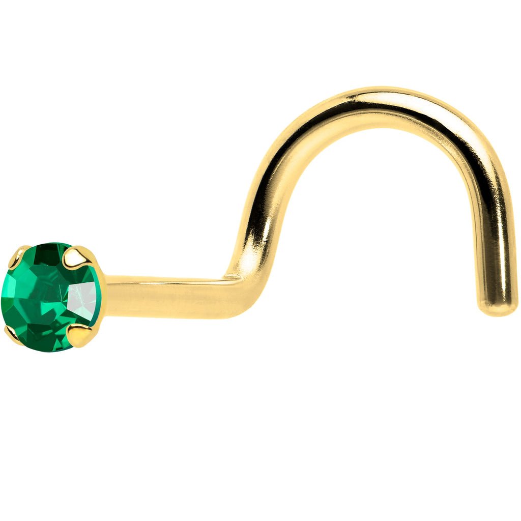 BodyCandy Solid 14k Yellow Gold 2mm Emerald Cubic Zirconia Solitaire Nose Ring — detail close-up