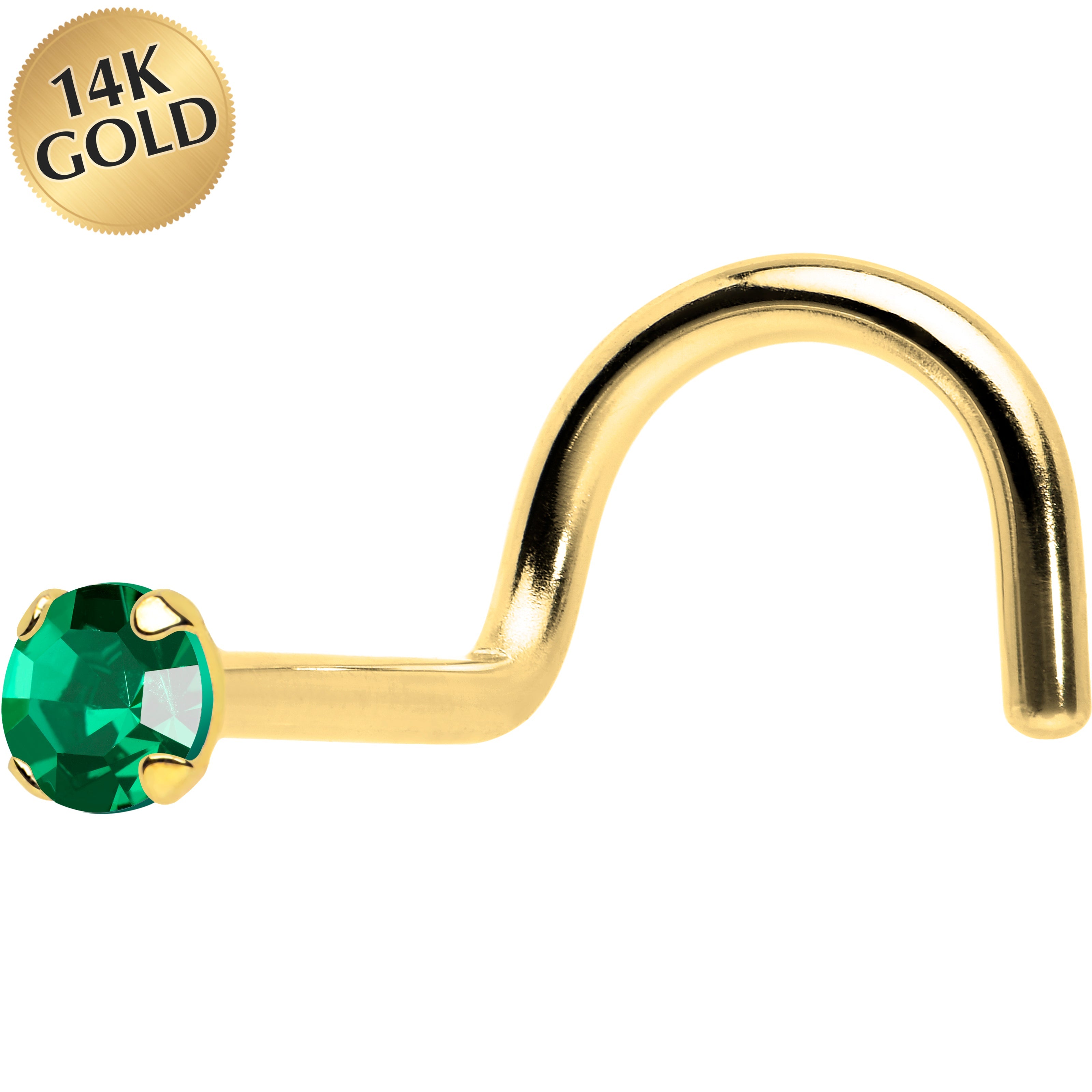 BodyCandy Solid 14k Yellow Gold 2mm Emerald Cubic Zirconia Solitaire Nose Ring — main product shot