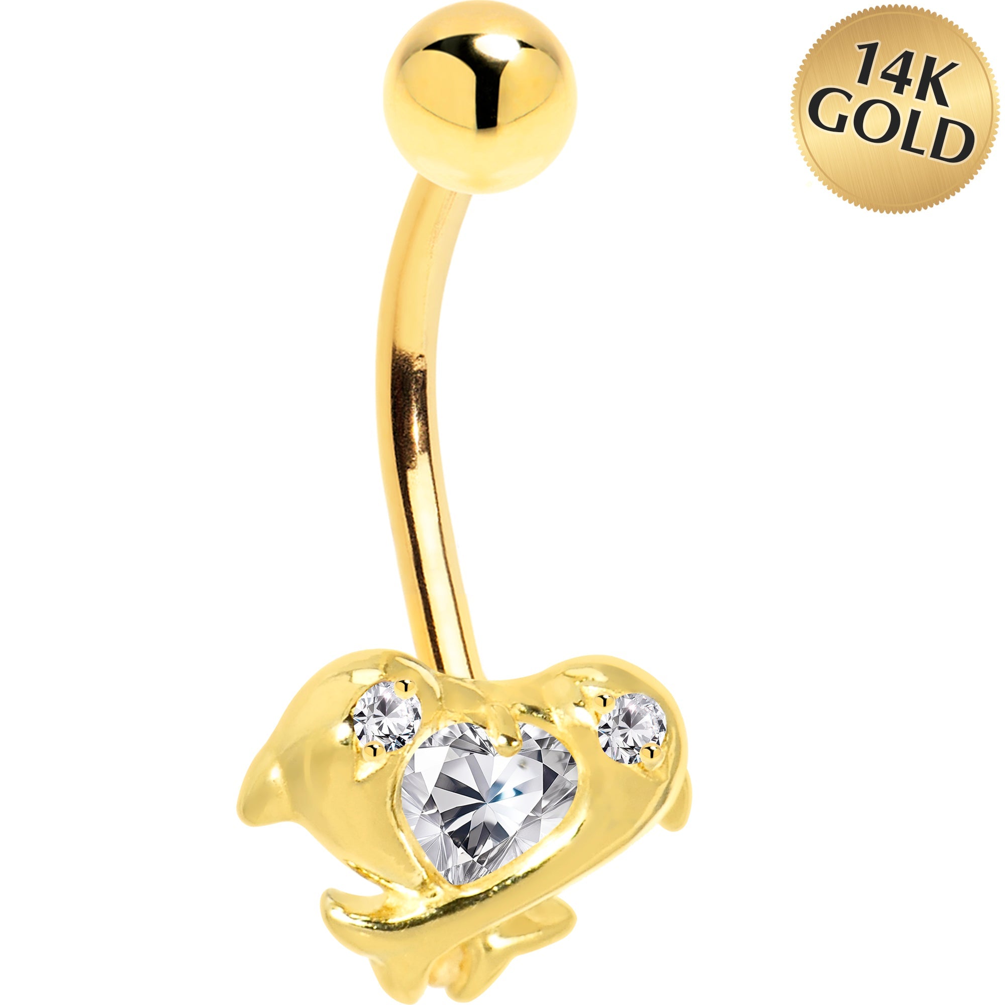 BodyCandy 16G Solid 14k Yellow Gold Cubic Zirconia Dolphin Kiss Belly Ring — main product shot