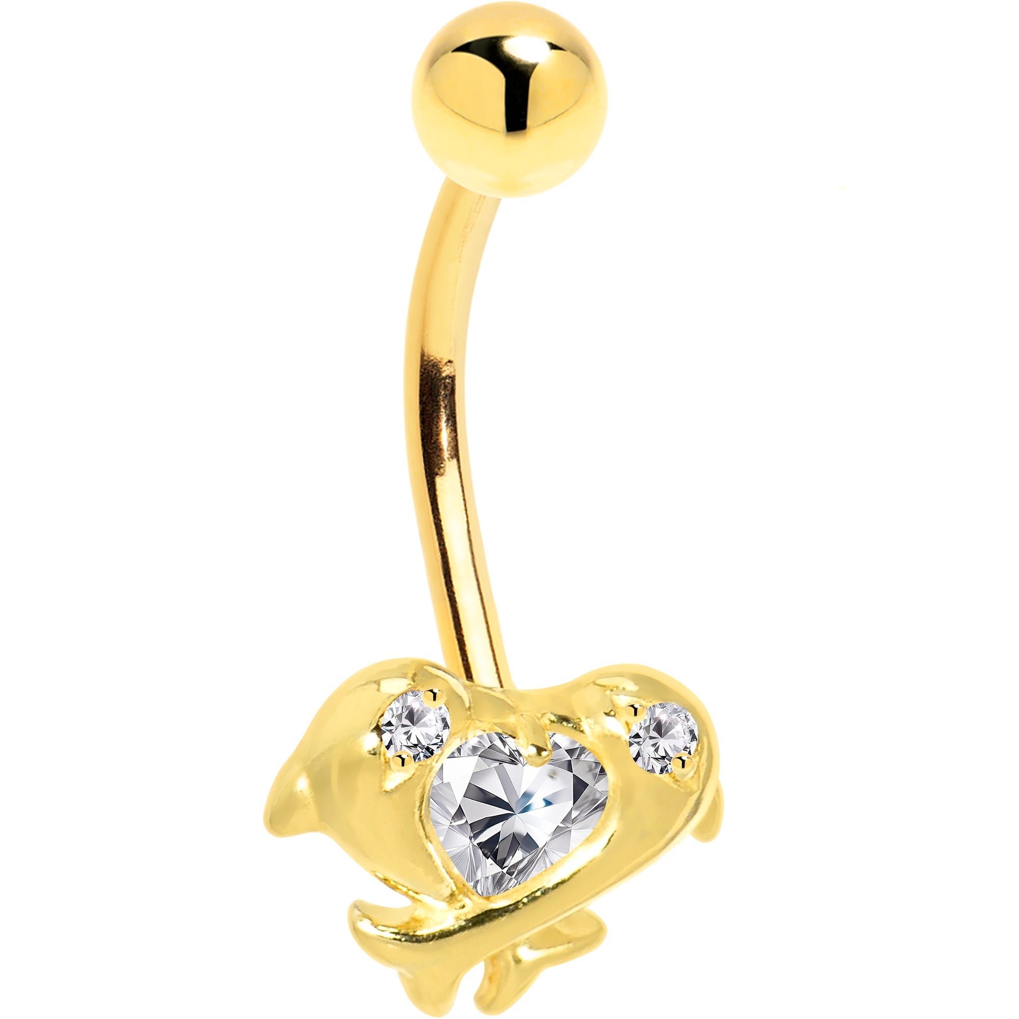 BodyCandy 16G Solid 14k Yellow Gold Cubic Zirconia Dolphin Kiss Belly Ring — detail close-up