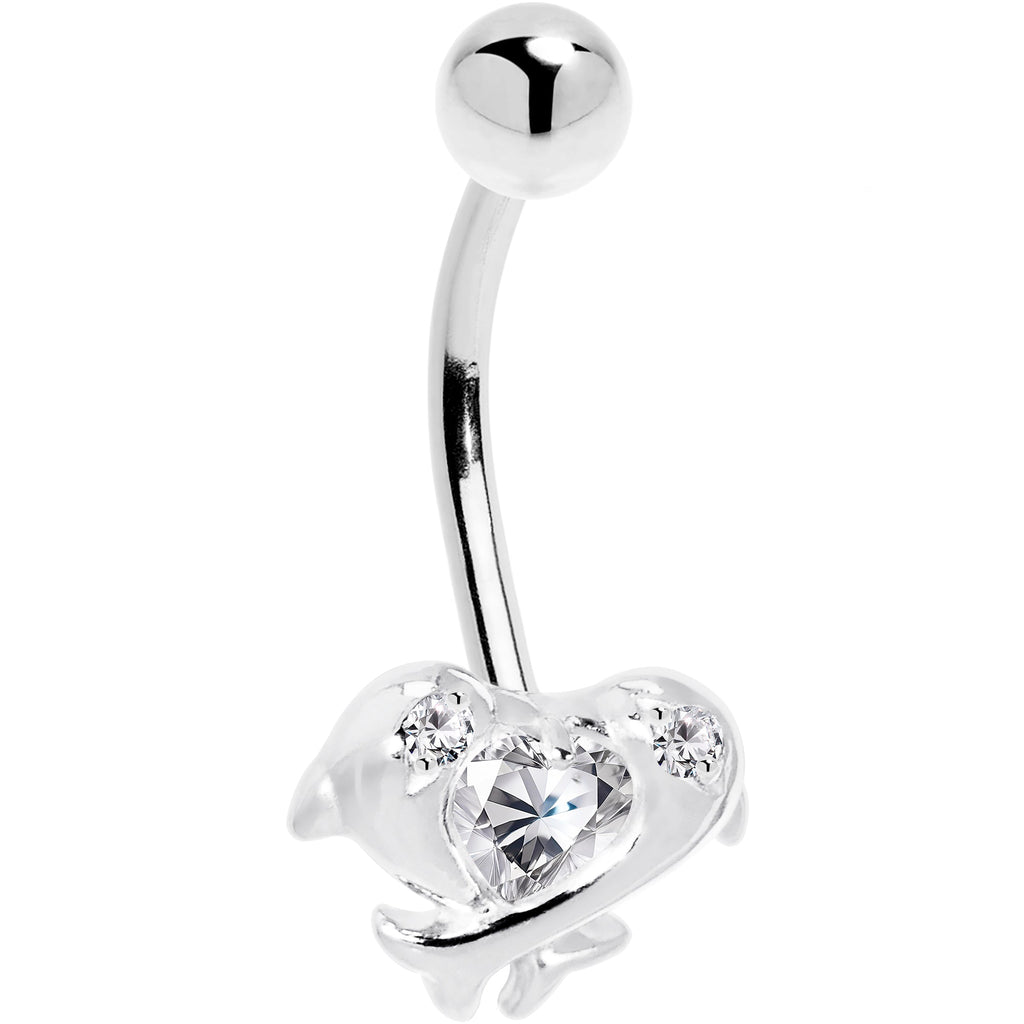 BodyCandy 16G Solid 14k White Gold Cubic Zirconia Dolphin Kiss Belly Ring — detail close-up