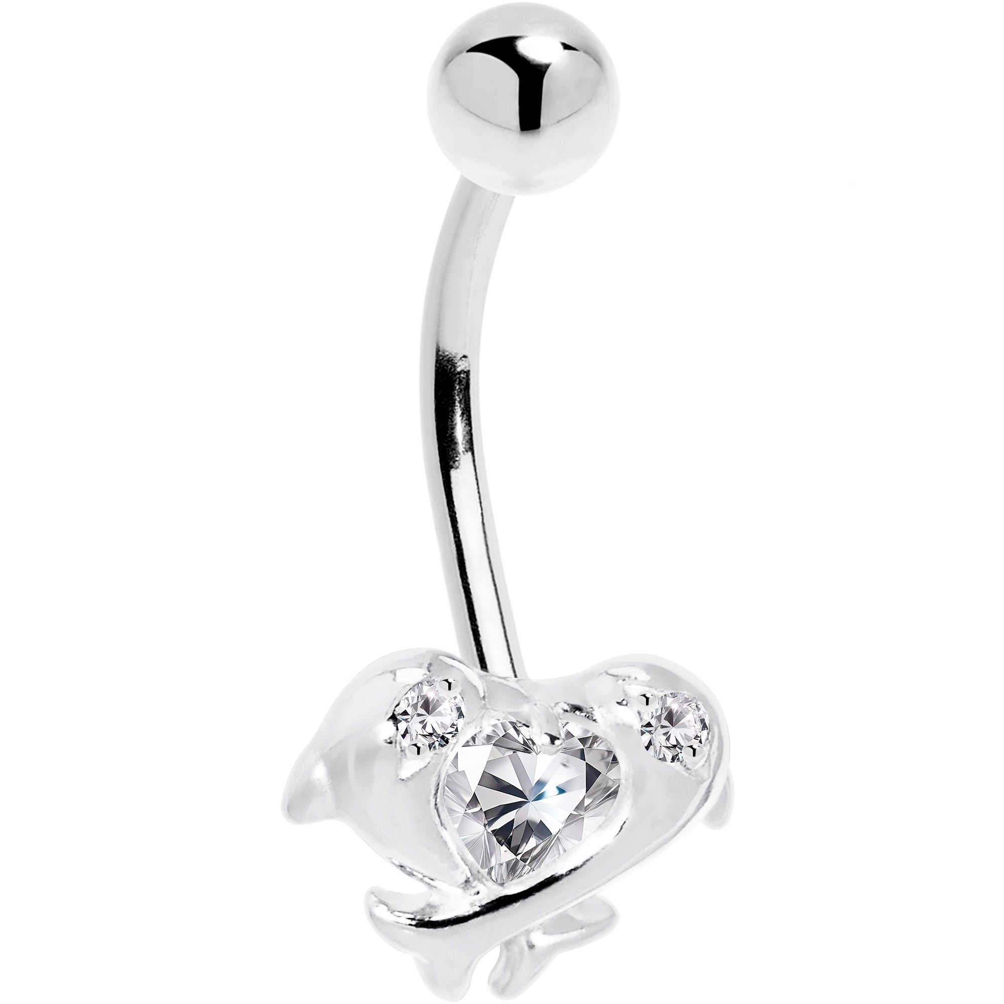 BodyCandy 16G Solid 14k White Gold Cubic Zirconia Dolphin Kiss Belly Ring — detail close-up