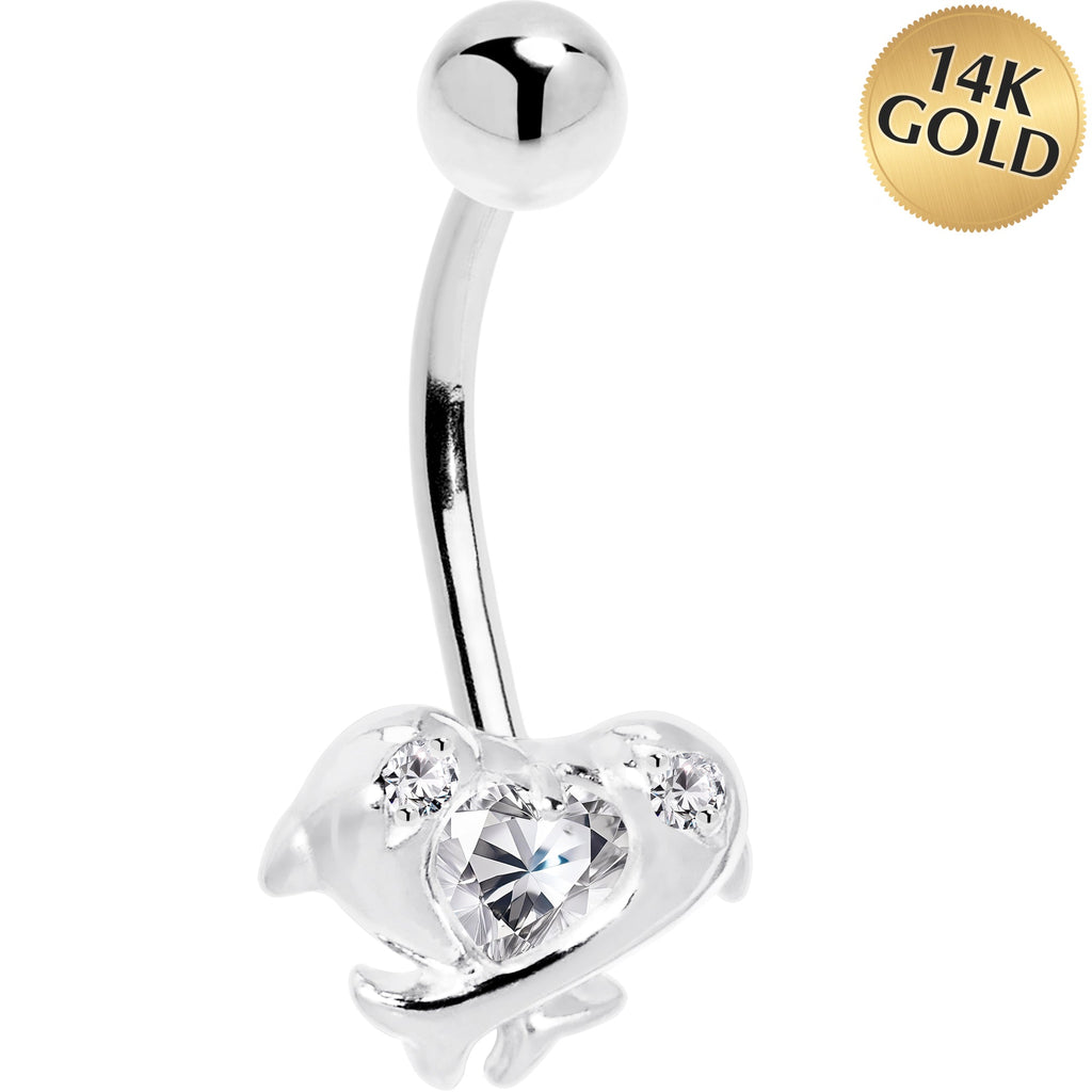 BodyCandy 16G Solid 14k White Gold Cubic Zirconia Dolphin Kiss Belly Ring — main product shot