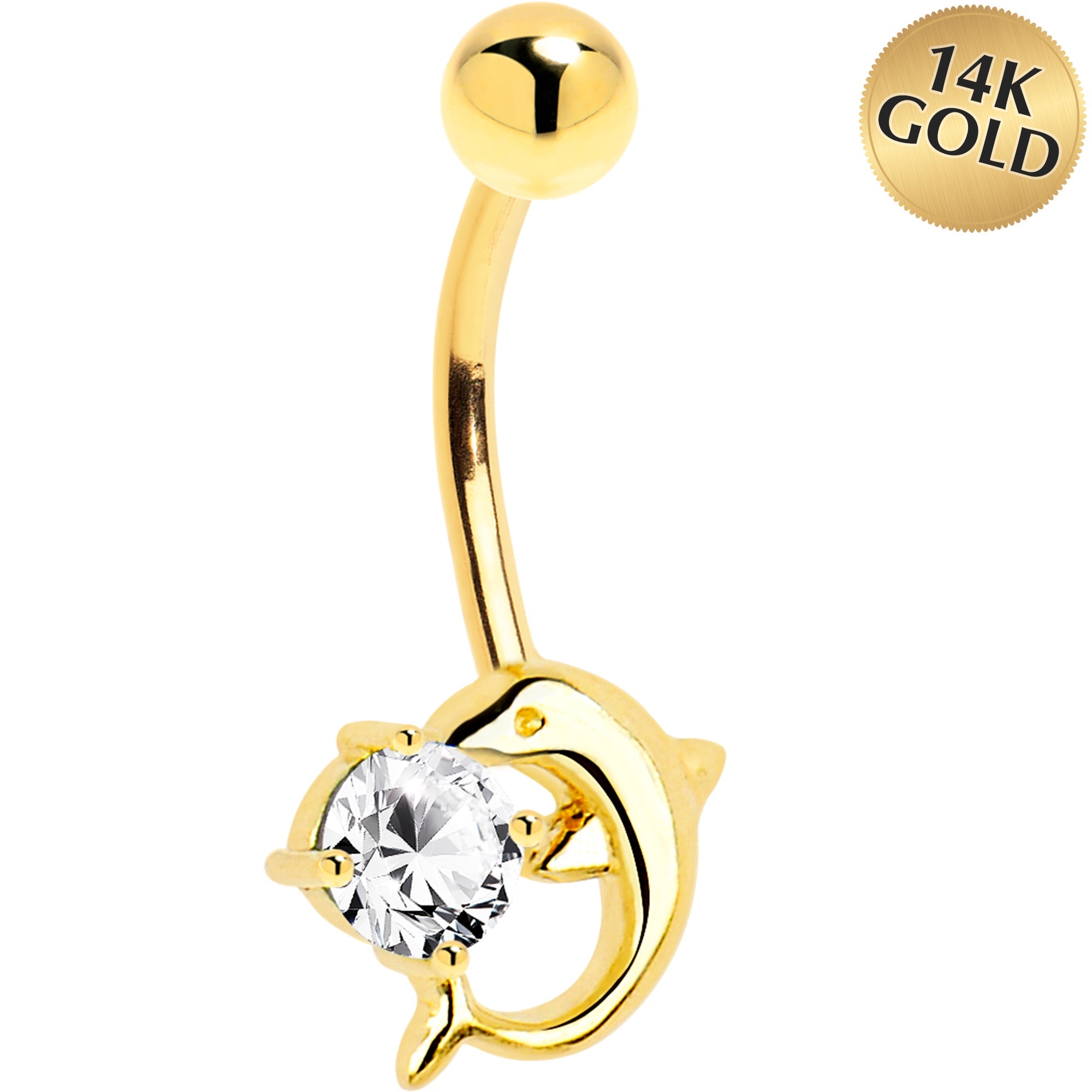 BodyCandy 16G Solid 14k Yellow Gold Dolphin Clear Cubic Zirconia Belly Ring — main product shot