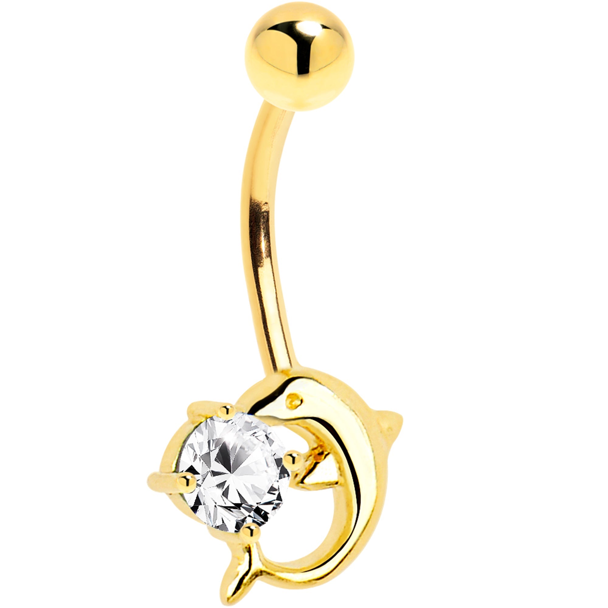 BodyCandy 16G Solid 14k Yellow Gold Dolphin Clear Cubic Zirconia Belly Ring — detail close-up