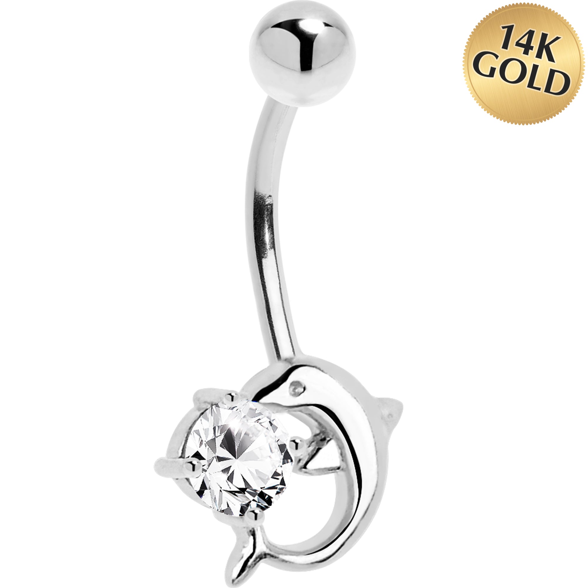 BodyCandy 16G Solid 14k White Gold Dolphin Clear Cubic Zirconia Belly Ring — main product shot