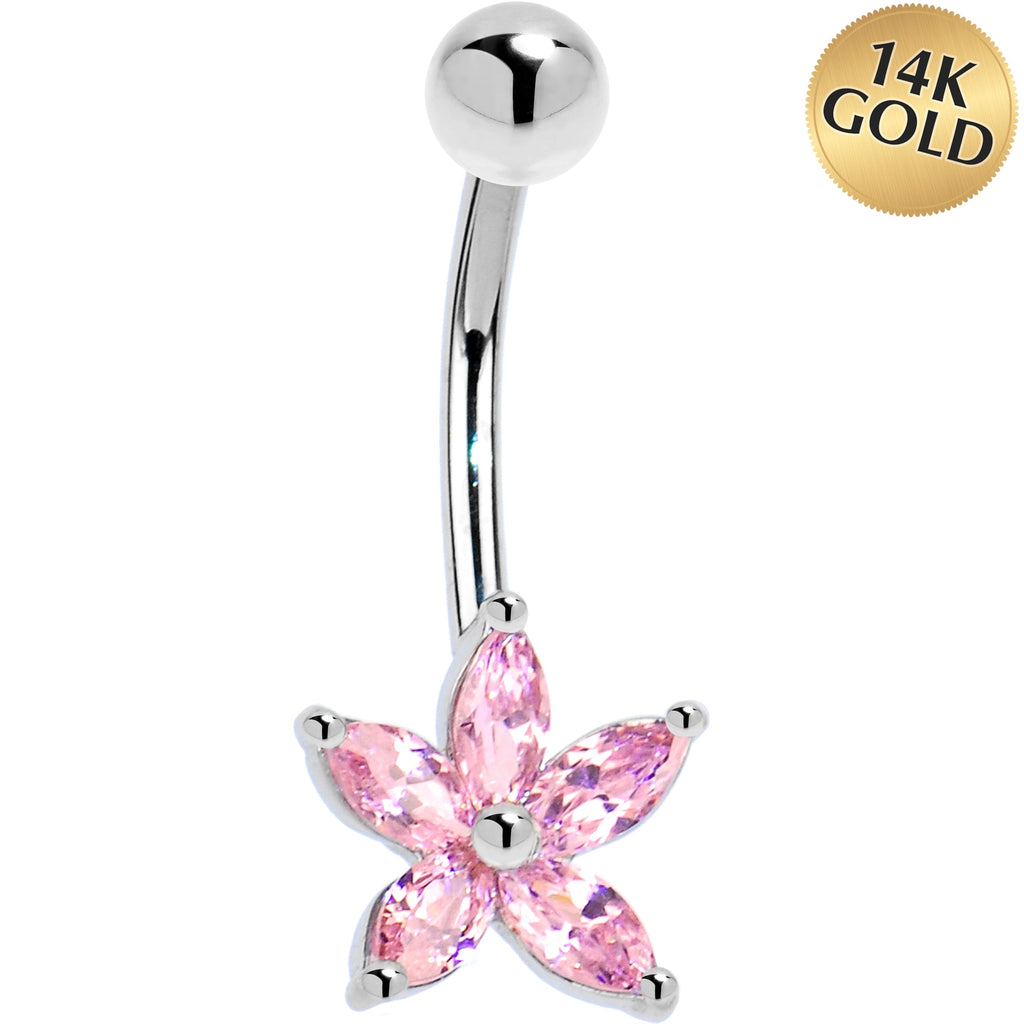 BodyCandy 16G Solid 14k White Gold Pink Cubic Zirconia Lily Belly Ring — main product shot