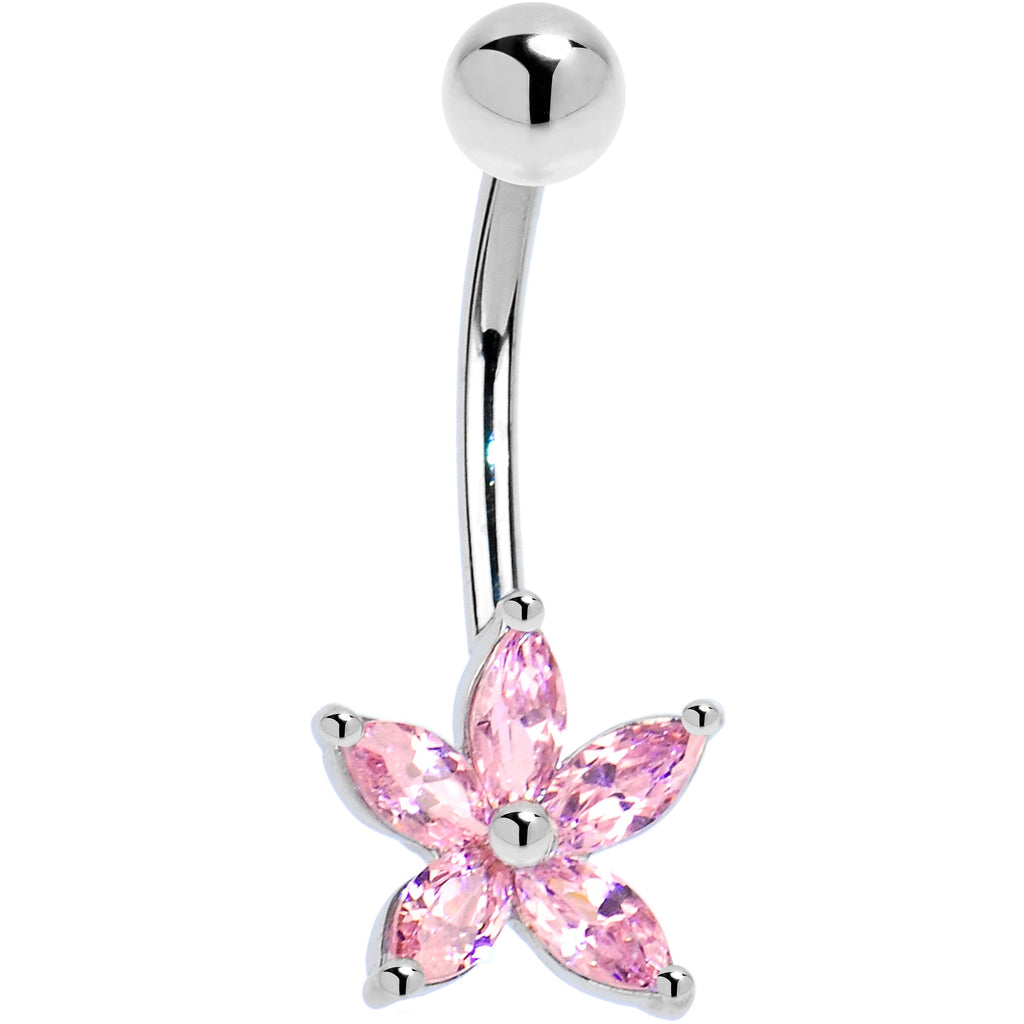 BodyCandy 16G Solid 14k White Gold Pink Cubic Zirconia Lily Belly Ring — detail close-up