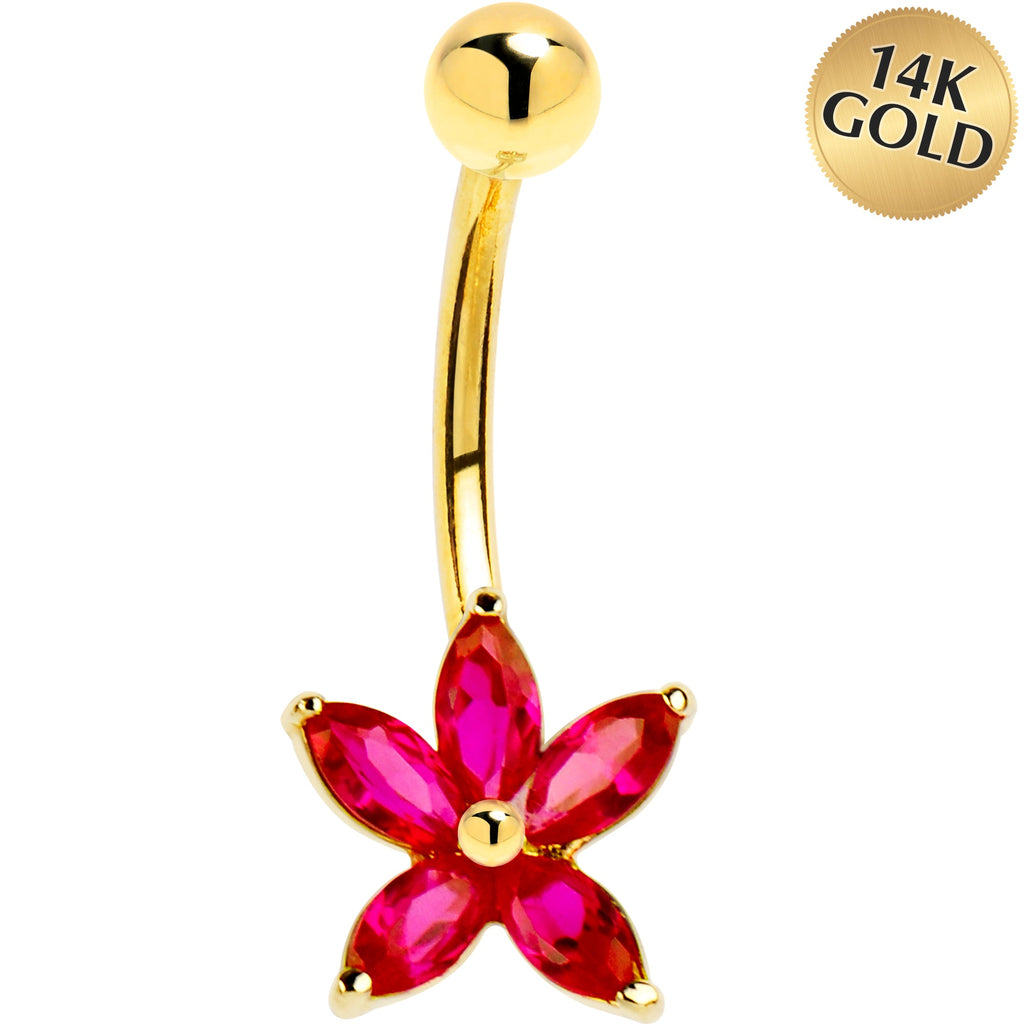 BodyCandy 16G Solid 14k Yellow Gold Ruby Cubic Zirconia Lily Belly Ring — main product shot