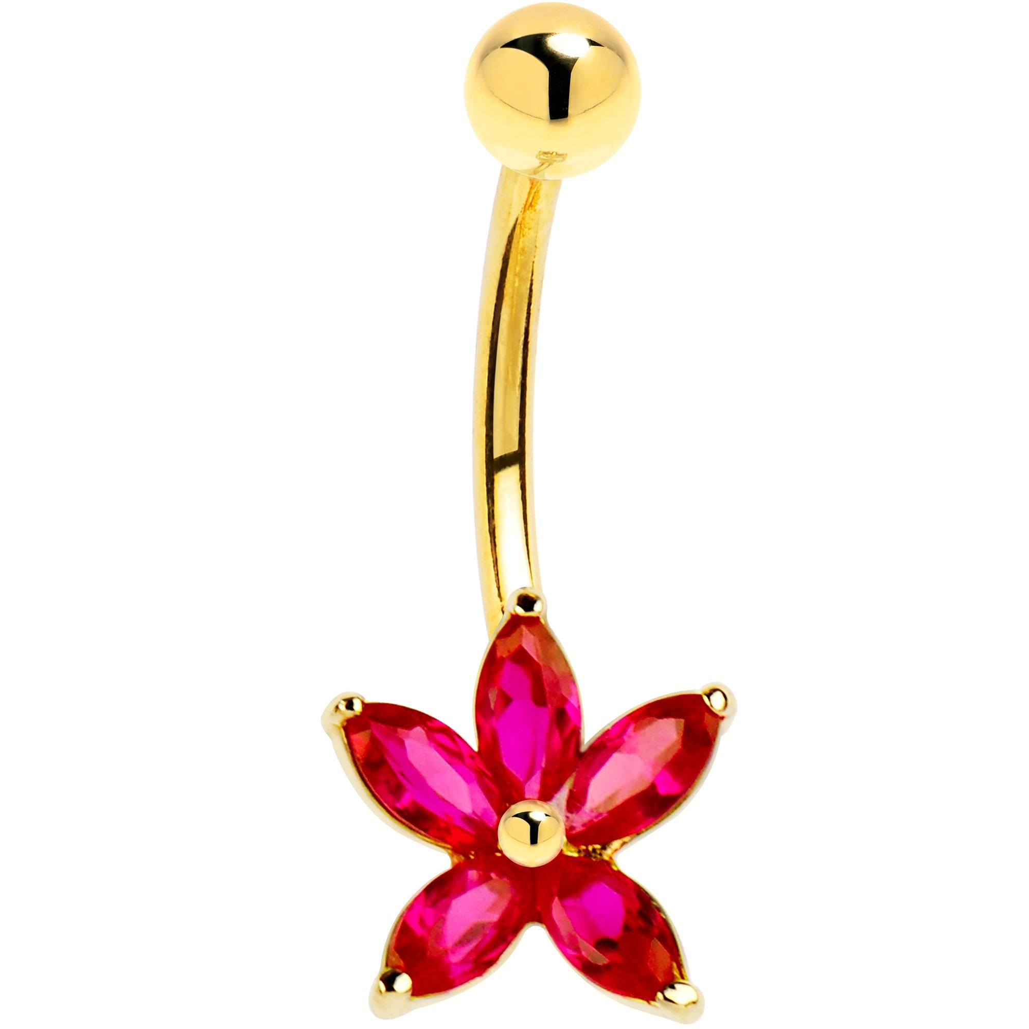 BodyCandy 16G Solid 14k Yellow Gold Ruby Cubic Zirconia Lily Belly Ring — detail close-up