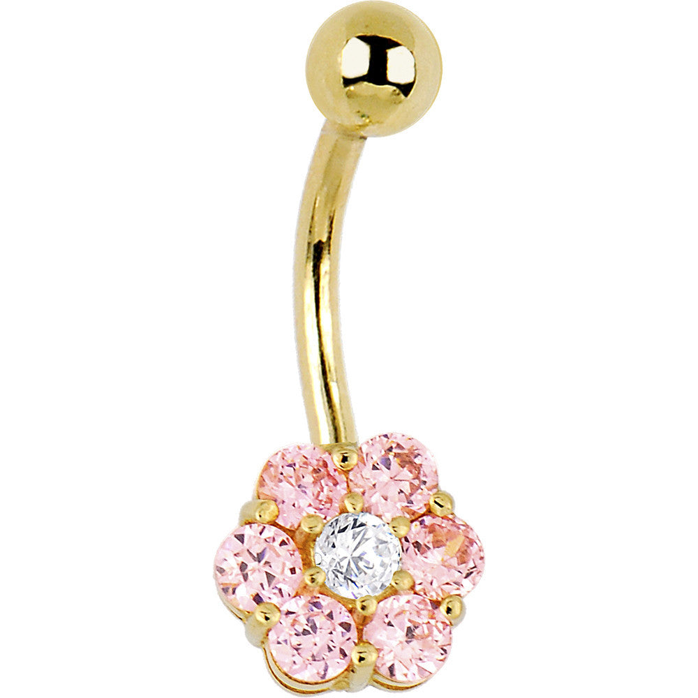 BodyCandy 16G Solid 14k Yellow Gold Pink Cubic Zirconia Flower Belly Ring — main product shot