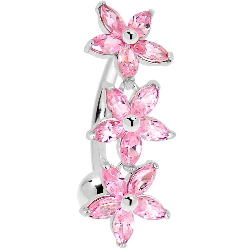 BodyCandy 16G Solid 14k White Gold Pink Reverse Cubic Zirconia Lily Drop Belly Ring — detail close-up