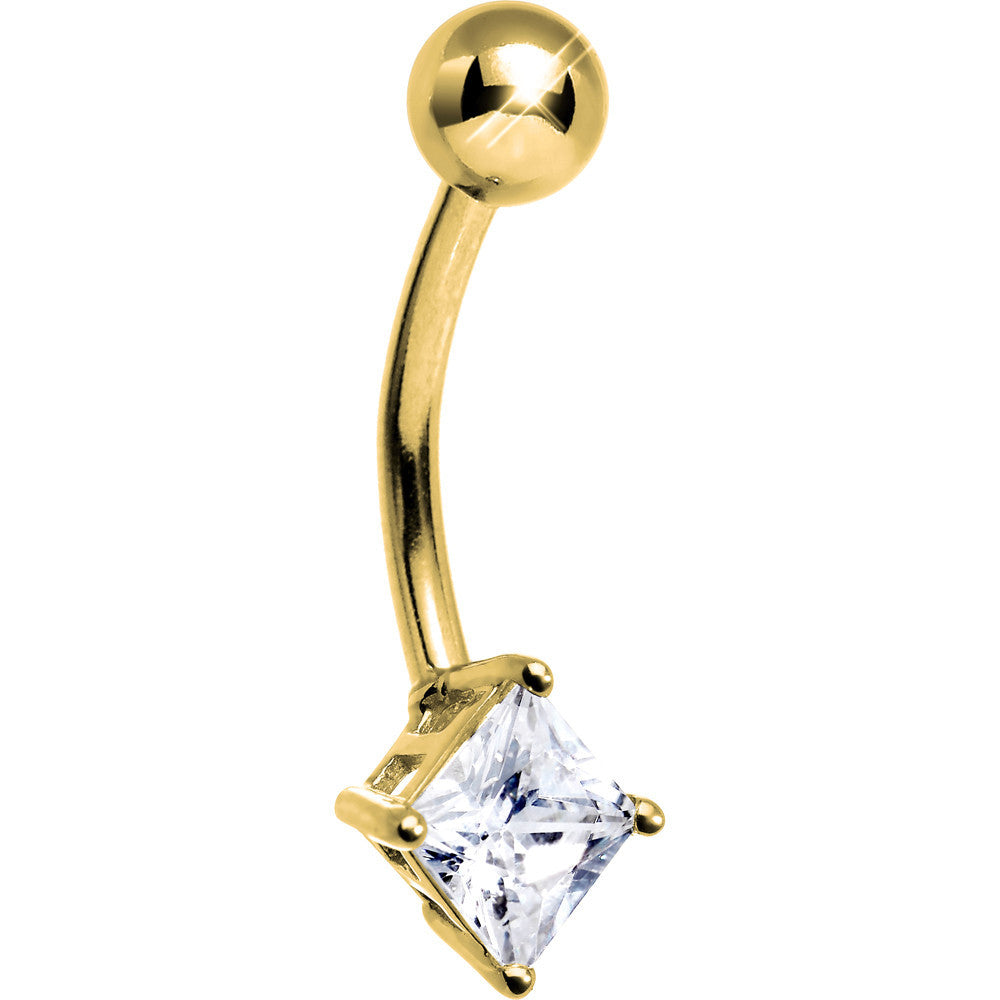 BodyCandy 16G Solid 14k Yellow Gold CZ Square Solitaire Belly Ring — detail close-up