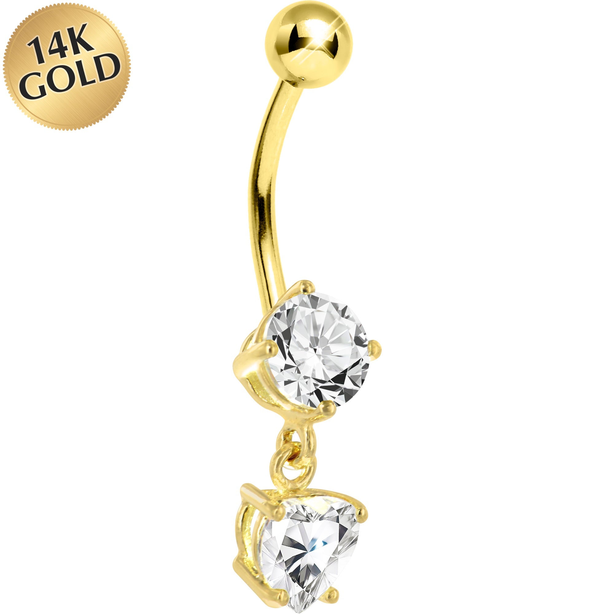 BodyCandy 16G Solid 14k Yellow Gold Cubic Zirconia Solitaire Round Heart Dangle Belly Ring — main product shot